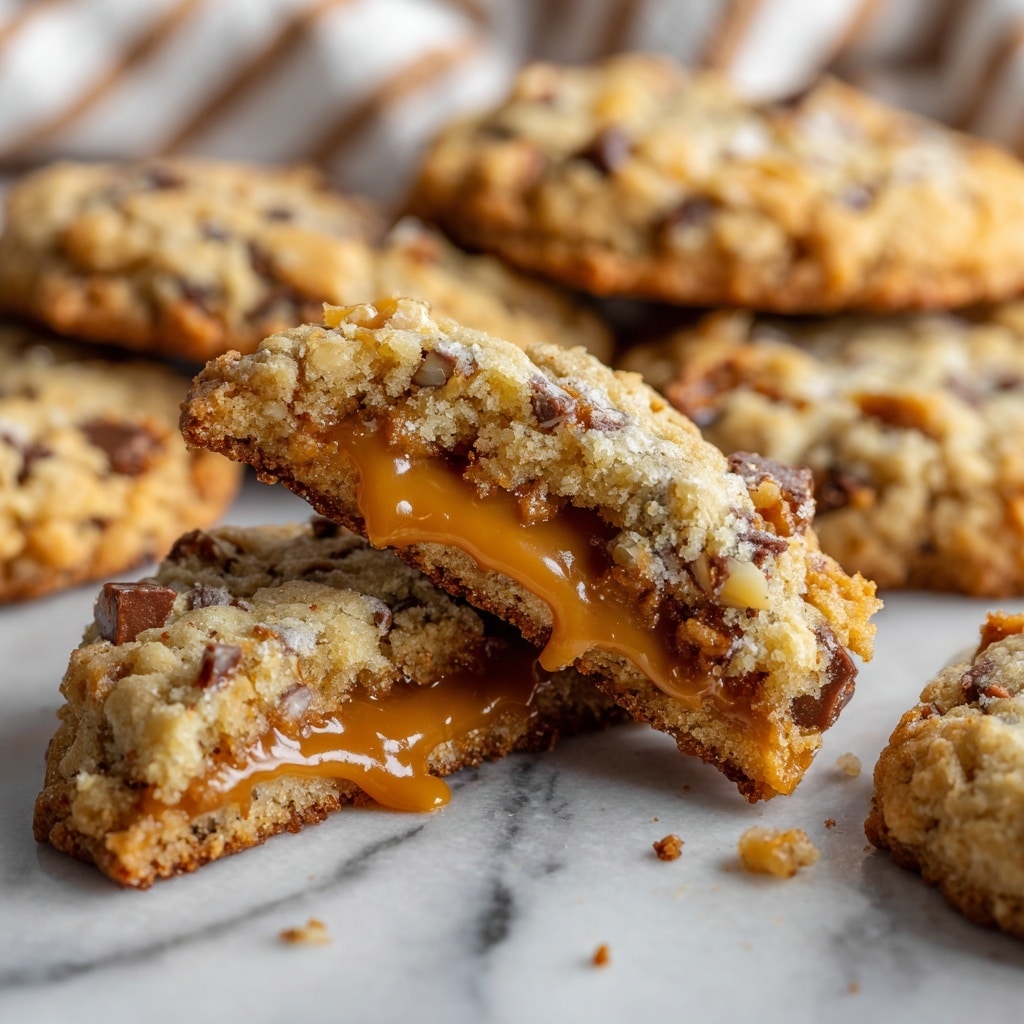 The image shows a close-up of several cookies on a white marbled surface. The main focus is a cookie broken in half, with two layers: the outer layer is golden brown and crumbly with visible bits of chocolate and nuts, while the inner layer is gooey and rich caramel colored, stretching out thickly between the halves. Around this broken cookie are whole cookies with a similar crumbly texture and chocolate bits. The background also has a blurred striped cloth adding a soft touch to the scene. photo taken with an iphone --ar 4:5 --v 7