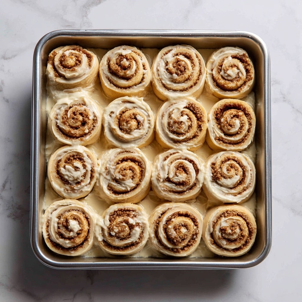The image shows a silver baking tray filled with 30 unbaked cinnamon rolls arranged in 5 rows and 6 columns. Each spiral roll has light beige dough with visible swirls of cinnamon, and they sit in a creamy liquid that barely covers the bottom of the tray. The dough looks soft and slightly moist with a smooth texture on the edges. The tray rests on a white marbled surface. photo taken with an iphone --ar 4:5 --v 7
