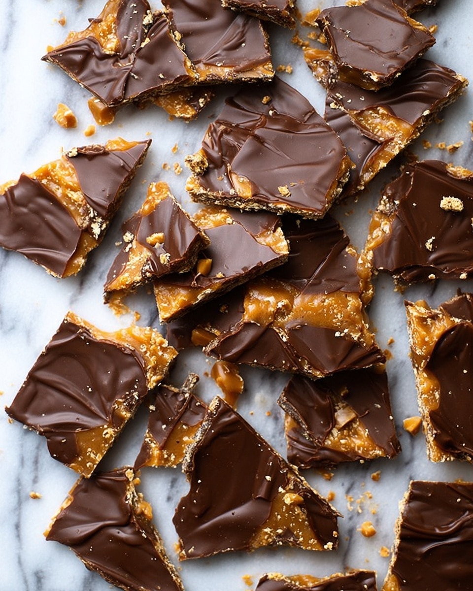 A round tin with a blue and orange edge is filled with irregularly shaped pieces of chocolate toffee bark. Each piece has two visible layers: a smooth, dark brown chocolate top layer broken into jagged shards, and a gooey, shiny caramel toffee layer beneath with bits of chopped nuts visible, providing texture and contrast. The pieces are lined inside the tin with crumpled translucent white parchment paper, and the background shows a white marbled texture. photo taken with an iphone --ar 4:5 --v 7