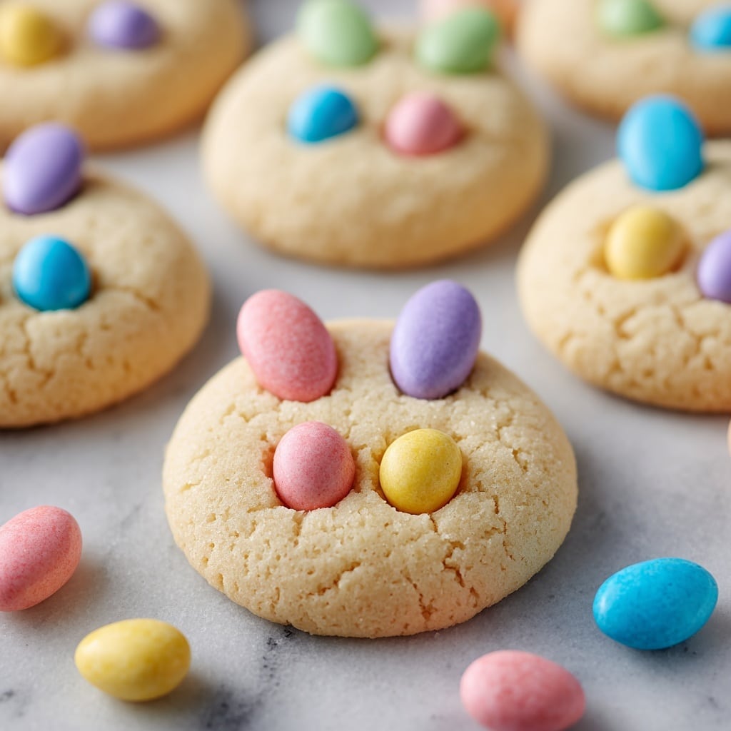 The image shows soft, round cookies with a light golden color. Each cookie has two small almond-shaped candies at the top and one round candy below them, arranged like a bunny face. The candies are pastel colors: blue, pink, yellow, green, and purple. The cookies are placed closely together on a white marbled surface with some extra pastel candies scattered around. The texture of the cookie looks slightly crumbly and soft. photo taken with an iphone --ar 4:5 --v 7