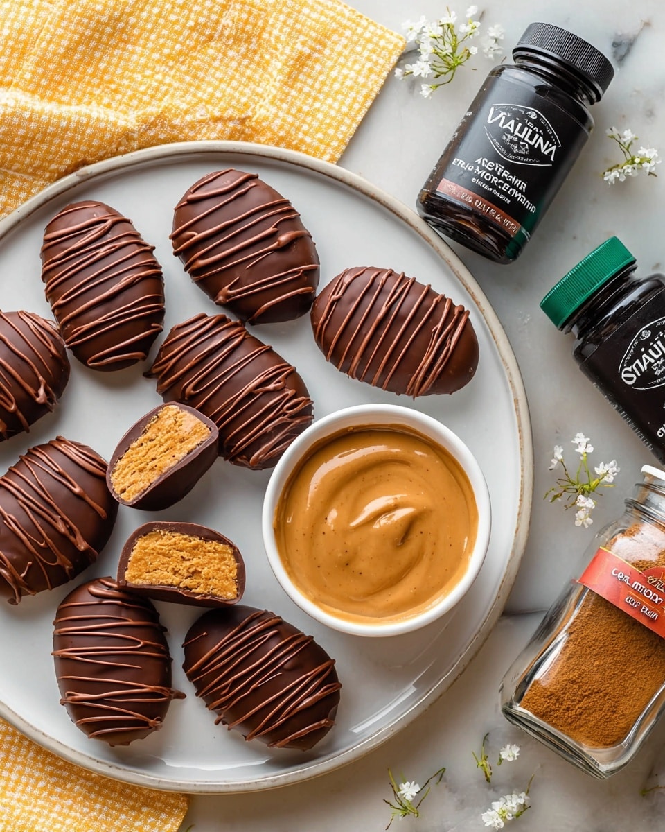 The image shows a white round plate with nine chocolate-covered peanut butter eggs arranged on it, each egg coated in dark brown chocolate with thin chocolate drizzle patterns on top; one egg is cut in half, revealing two layers inside – a dense, light brown peanut butter filling with a smooth, slightly grainy texture, encased in a thick chocolate shell. Next to the plate is a small white bowl filled with creamy peanut butter that is light brown and glossy. On the side, two seasoning bottles are visible: a clear glass jar of cinnamon powder with a green lid, showing a rich reddish-brown color, and a dark bottle of vanilla extract with a green cap and a red and black label. The entire scene is set on a white marbled surface with a yellow and white checked cloth partially visible, and small white flowers adding a soft touch to the setting. photo taken with an iphone --ar 4:5 --v 7