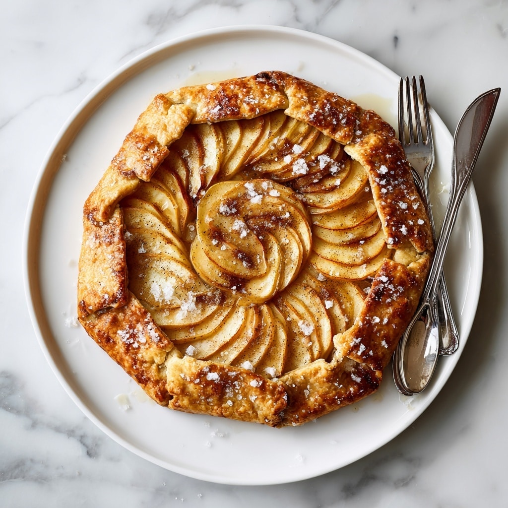 A round galette with a golden brown, flaky crust folded over the edges to create a rustic border, topped with thinly sliced, slightly caramelized apple layers arranged in a spiral pattern on top. The apples have a warm, light golden color with a dusting of cinnamon, and large crystals of coarse sugar sprinkle over the crust and filling, adding sparkle and texture. The galette rests on a white plate with a silver fork nearby, all placed on a white marbled surface. Photo taken with an iphone --ar 4:5 --v 7