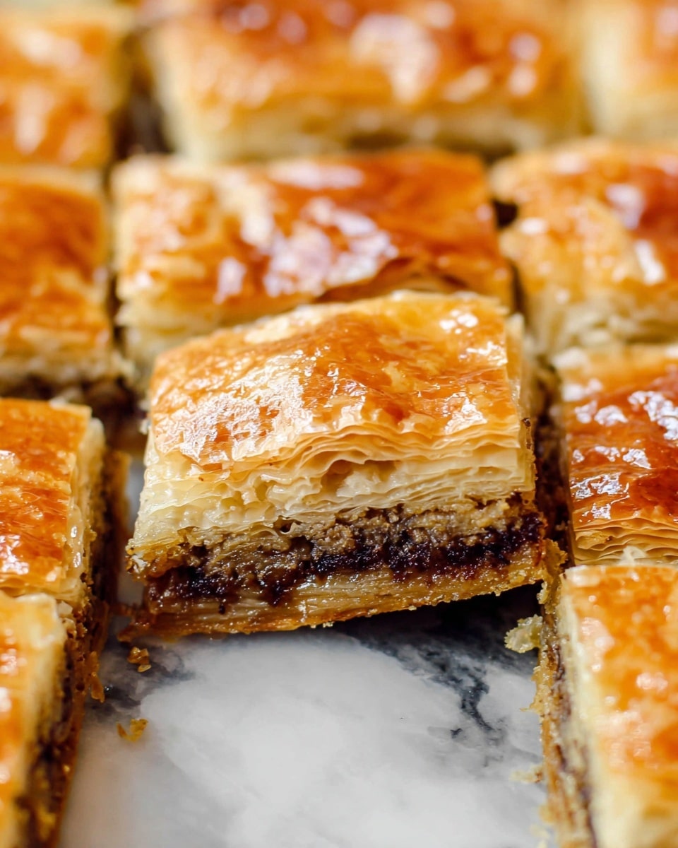 Two square pieces of pie stacked on top of each other on a white plate with a dark blue rim. The top and bottom layers are golden brown, flaky, and crisp crust with a slightly crinkled texture, while the middle layer consists of a dark brown, minced meat filling. Bright green parsley leaves are scattered on and around the pie, adding a fresh contrast. The plate sits on a white marbled texture surface with some natural fiber material underneath. Photo taken with an iphone --ar 4:5 --v 7