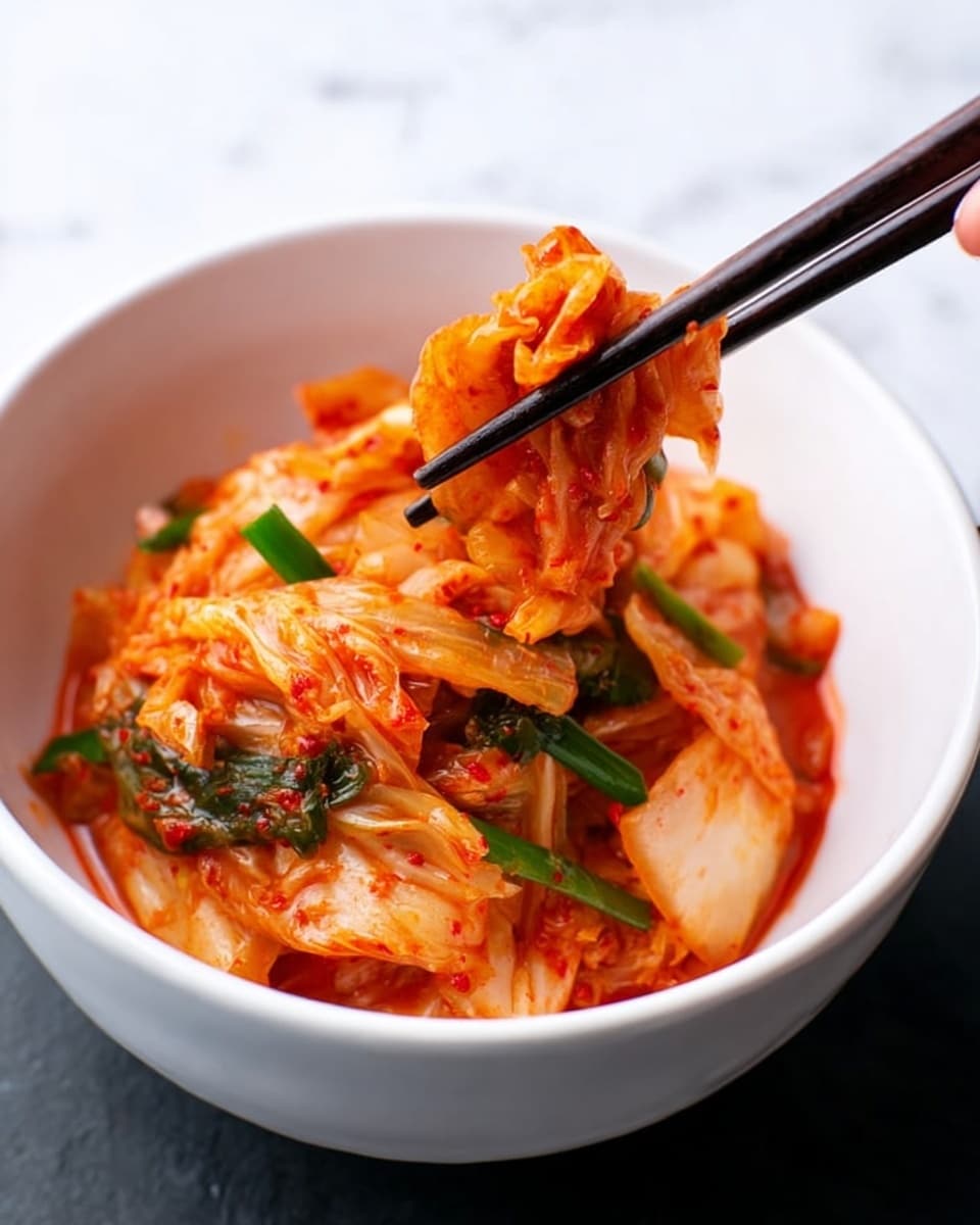 A close-up of a white bowl filled with kimchi, showing about two layers of vegetables. The base layer is pale white and light green napa cabbage with a soft, leafy texture. The upper layer is covered in bright orange-red chili sauce with visible red pepper flakes and green onion pieces scattered throughout. The sauce looks thick and shiny, coating the vegetables well. The bowl sits on a white marbled surface. photo taken with an iphone --ar 4:5 --v 7