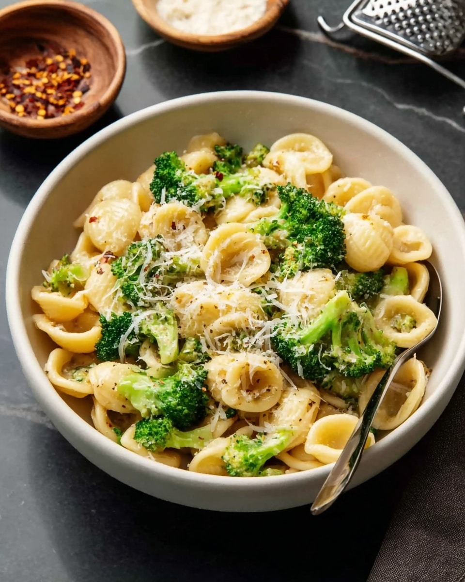 A bowl filled with light yellow orecchiette pasta and bright green broccoli florets mixed together, topped with a layer of finely shredded white cheese evenly spread over the top, the pasta and broccoli sit inside a white bowl, placed on a white marbled texture surface, with a small bowl of crushed red pepper flakes and part of a spoon visible nearby, photo taken with an iphone --ar 4:5 --v 7