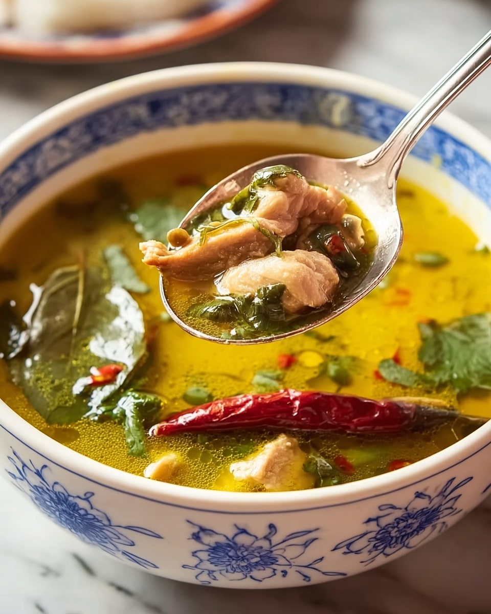 A bowl with blue floral patterns on white holds a yellow-green soup with several visible ingredients: large mushroom slices, whole small green eggplants, red dried chili peppers, thin strips of meat, and green leaves floating on top. The soup has a slightly oily surface with some bubbles, showing a rich broth texture. In the background, there is a white marbled surface with hints of a white plate containing rice and some green chili peppers partially visible on a white plate photo taken with an iphone --ar 4:5 --v 7