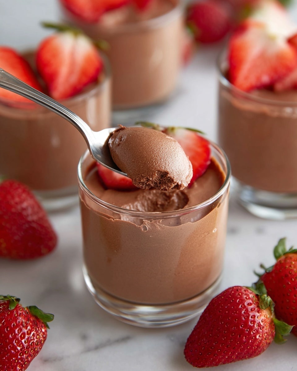 A clear glass filled with smooth, creamy chocolate mousse that has a light, airy texture and soft sheen on top, with a shiny silver spoon scooping a rounded portion from the center. Around the main glass, there are other glasses filled with the same mousse, each topped with bright red strawberries that have a glossy surface and small seeds. Fresh strawberries lie scattered on a white marbled surface, adding vibrant red color contrast to the soft brown mousse and clear glass. Photo taken with an iphone --ar 4:5 --v 7