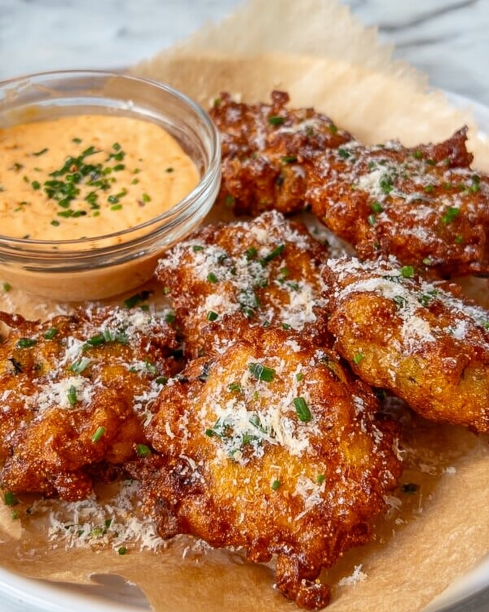 The image shows several golden brown, crispy fried patties placed in a white bowl lined with paper printed with text. The patties have a rough, uneven texture with small bits visible, sprinkled with white grated cheese and chopped green herbs on top. On the side, there is a small clear glass bowl filled with a creamy light orange sauce, also sprinkled with green herbs. The white marbled surface is faintly visible beneath the bowl. photo taken with an iphone --ar 4:5 --v 7