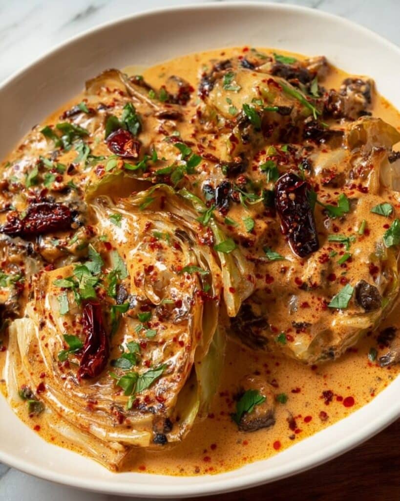 Cabbage Steaks in Creamy Mushroom and Onion Sauce Recipe