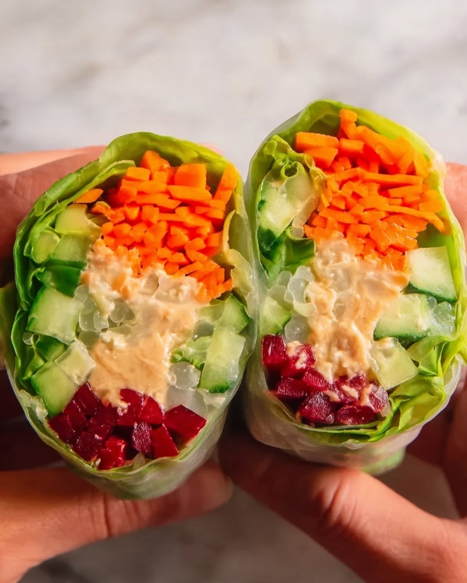 A fresh spring roll is being prepared on clear rice paper that rests on a wooden board over a white marbled surface. The bottom layer is a large, dark green leafy lettuce spread out flat. On top of the lettuce is a thick layer of pale beige spread, likely hummus or a similar dip. Next come thin strips of bright orange carrot on the right side, slender pale green cucumber slices in the middle, sliced deep red bell pepper on the left, and ripe, thinly sliced avocado fanned out across the center. Each ingredient is neatly arranged in parallel, creating distinct colorful layers ready to be rolled. Photo taken with an iphone --ar 4:5 --v 7