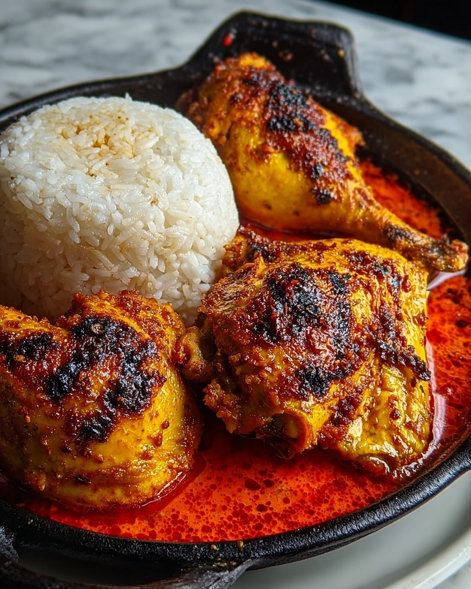 A close-up of a black cast iron pan holding three pieces of grilled chicken with a yellow-brown crispy skin and dark char marks, partially submerged in a bright red, oily, spicy sauce. Next to the chicken, a tall, rounded mound of steamed white rice with slightly separated grains forms the second layer. The pan sits on a white plate atop a white marbled surface. photo taken with an iphone --ar 4:5 --v 7