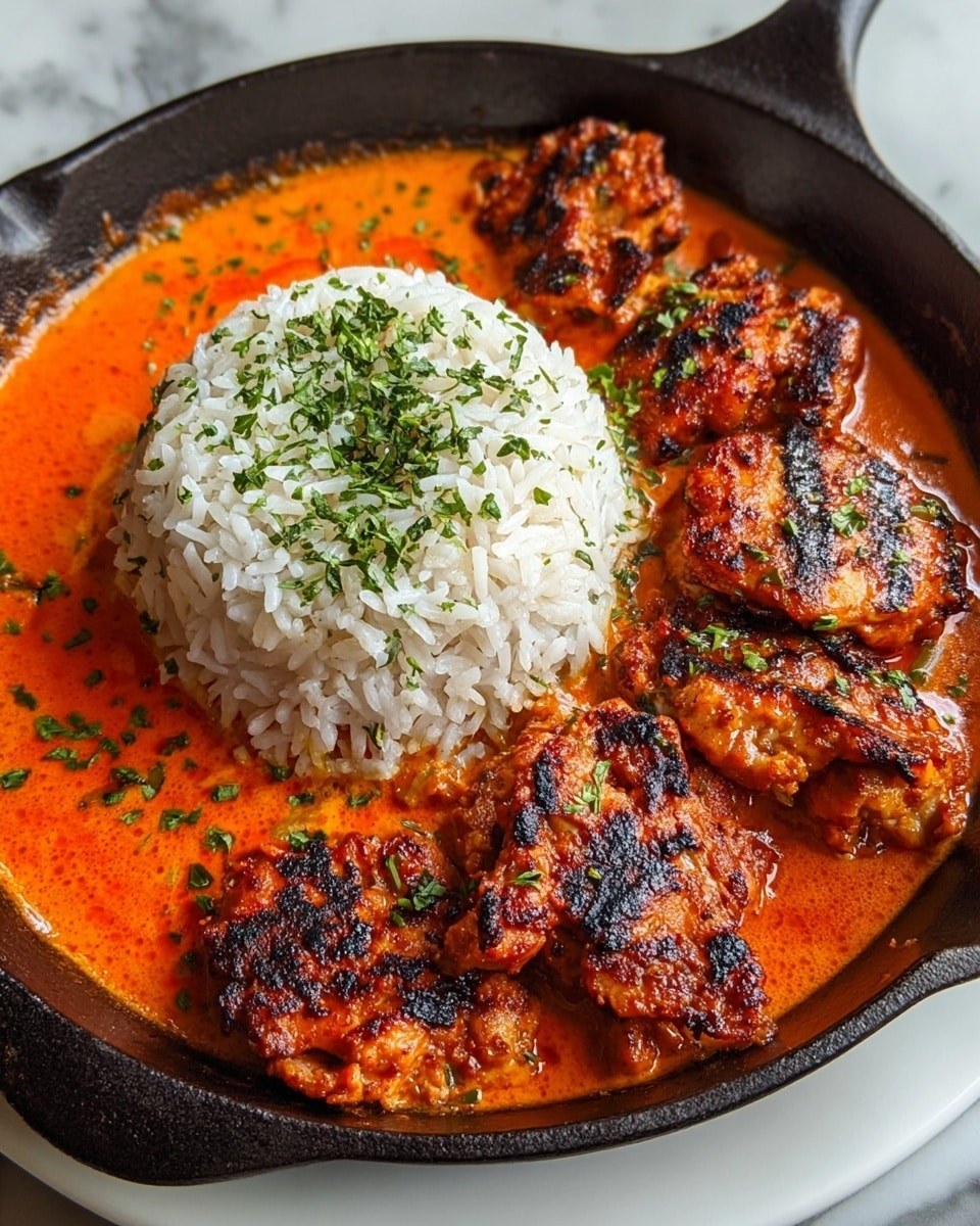 This image shows a black cast iron skillet placed on a white plate, filled with a colorful dish. On one side, there is a mound of fluffy white rice topped with a sprinkle of finely chopped green herbs. The other side holds several pieces of grilled chicken with a charred, crispy texture, coated in a bright, smooth, orange-red sauce that looks creamy and rich. The sauce pools around the chicken and rice, filling the bottom of the skillet. The background is a white marbled surface. photo taken with an iphone --ar 4:5 --v 7