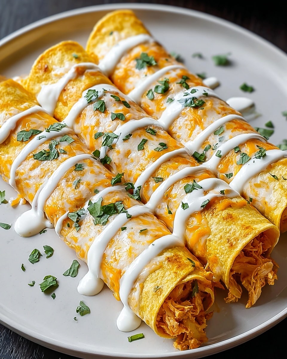 Four rolled enchiladas are placed side by side on a white plate, each showing a golden yellow outer layer with a slightly crispy texture. Inside, there is a visible filling of shredded chicken mixed with creamy sauce, giving a light orange color with specks of herbs. The enchiladas are topped with a thick drizzle of white sour cream spread in stripes along their length. Small pieces of fresh green cilantro are sprinkled over the top, adding a touch of color contrast. The plate rests on a white marbled surface. photo taken with an iphone --ar 4:5 --v 7