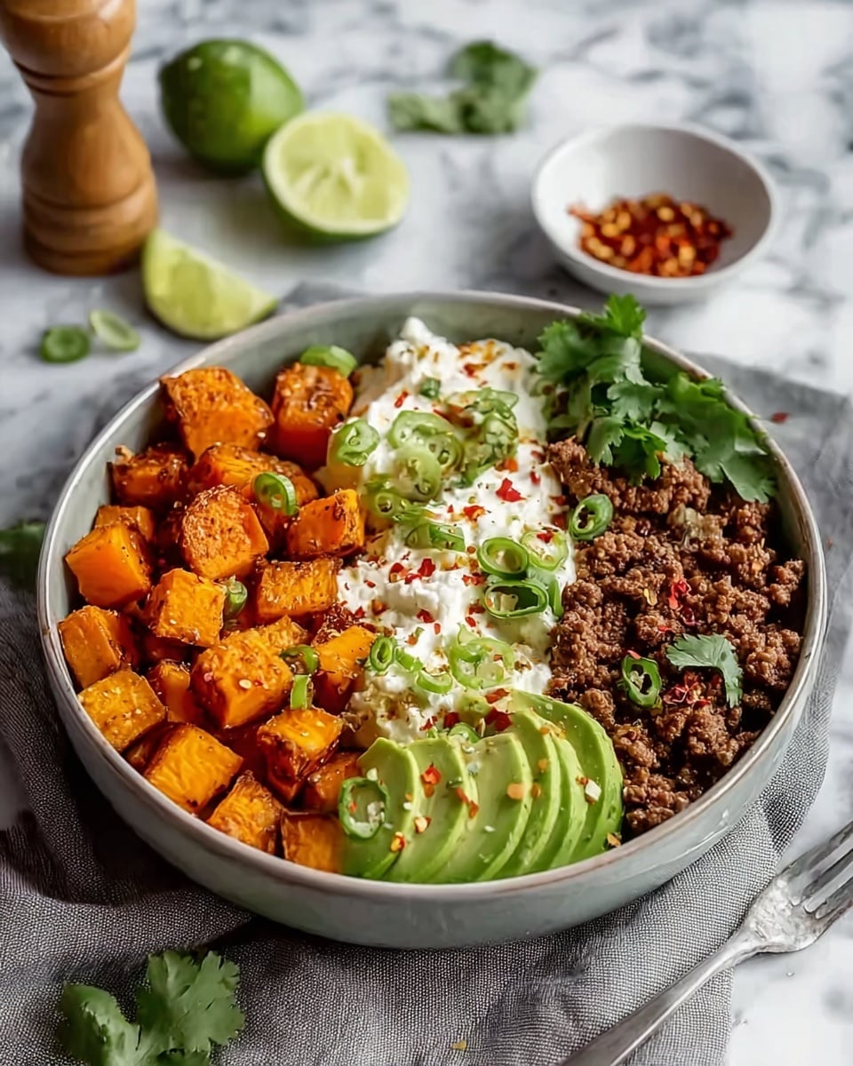 Two white bowls are filled with a layered dish arranged neatly. The first layer includes bright orange cubed roasted sweet potatoes with a slightly crisp look. Next to that is a section of brown, crumbled cooked ground beef. Adjacent to the meat, ripe light green avocado slices rest smoothly. On the other side, there is a scoop of white cottage cheese sprinkled lightly with red pepper flakes and herbs. One bowl also shows a lime wedge adding a citrus pop on the edge. The bowls are placed on a white marbled surface with a gray cloth partially visible. Photo taken with an iphone --ar 4:5 --v 7