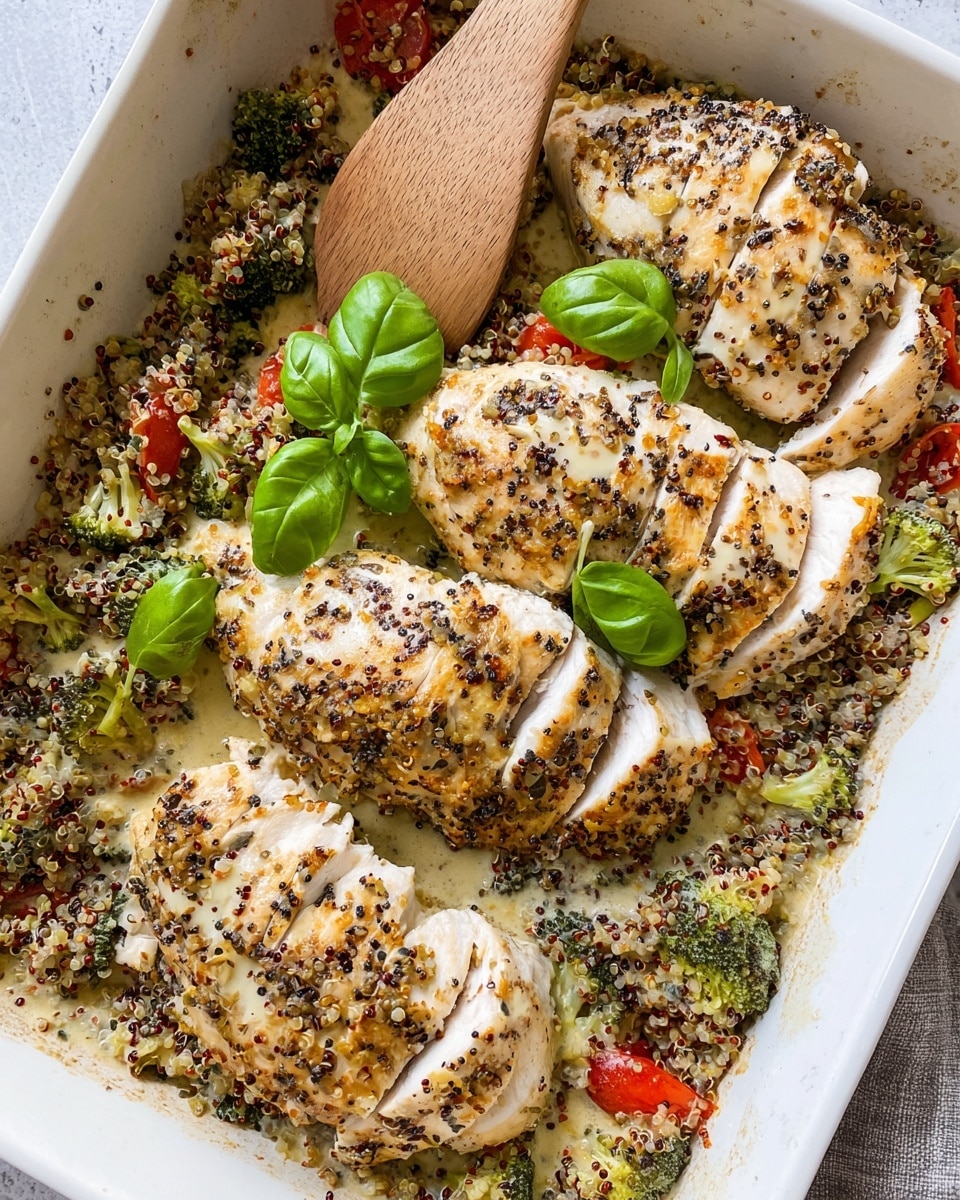 The image shows a white baking dish with three sliced cooked chicken breasts seasoned with black pepper and garnished with fresh green basil leaves on top. Underneath and around the chicken, there is a creamy mix of vegetables and grains, including visible broccoli florets, red cherry tomato halves, and quinoa in shades of black, red, and white, all coated in a light cream sauce with textured bits. The dish is set on a white marbled surface, with a wooden spoon resting inside the baking dish partially covered by the mixture. Photo taken with an iphone --ar 4:5 --v 7