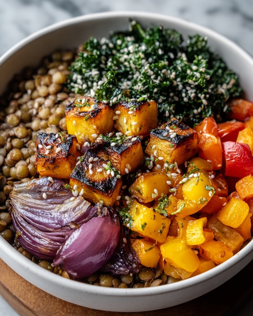 The dish is in a white bowl filled with four main layers, resting on a white marbled textured surface. The bottom layer is a light brown, soft lentil base. On top, to the front right, there are soft, cooked pieces of purple onion with a slightly charred look. Next to that, in the middle front, are golden brown roasted cubes of squash or sweet potato, also charred and sprinkled with small white sesame seeds. To the back left, there is a pile of finely chopped, dark green kale with some white sesame seeds scattered on top. Finally, in the back right section, bright orange roasted bell peppers or sweet potatoes add a bright pop of color. The overall look shows a mix of textures from soft lentils to crisp-tender roasted vegetables, all arranged separately but tightly inside the bowl. photo taken with an iphone --ar 4:5 --v 7