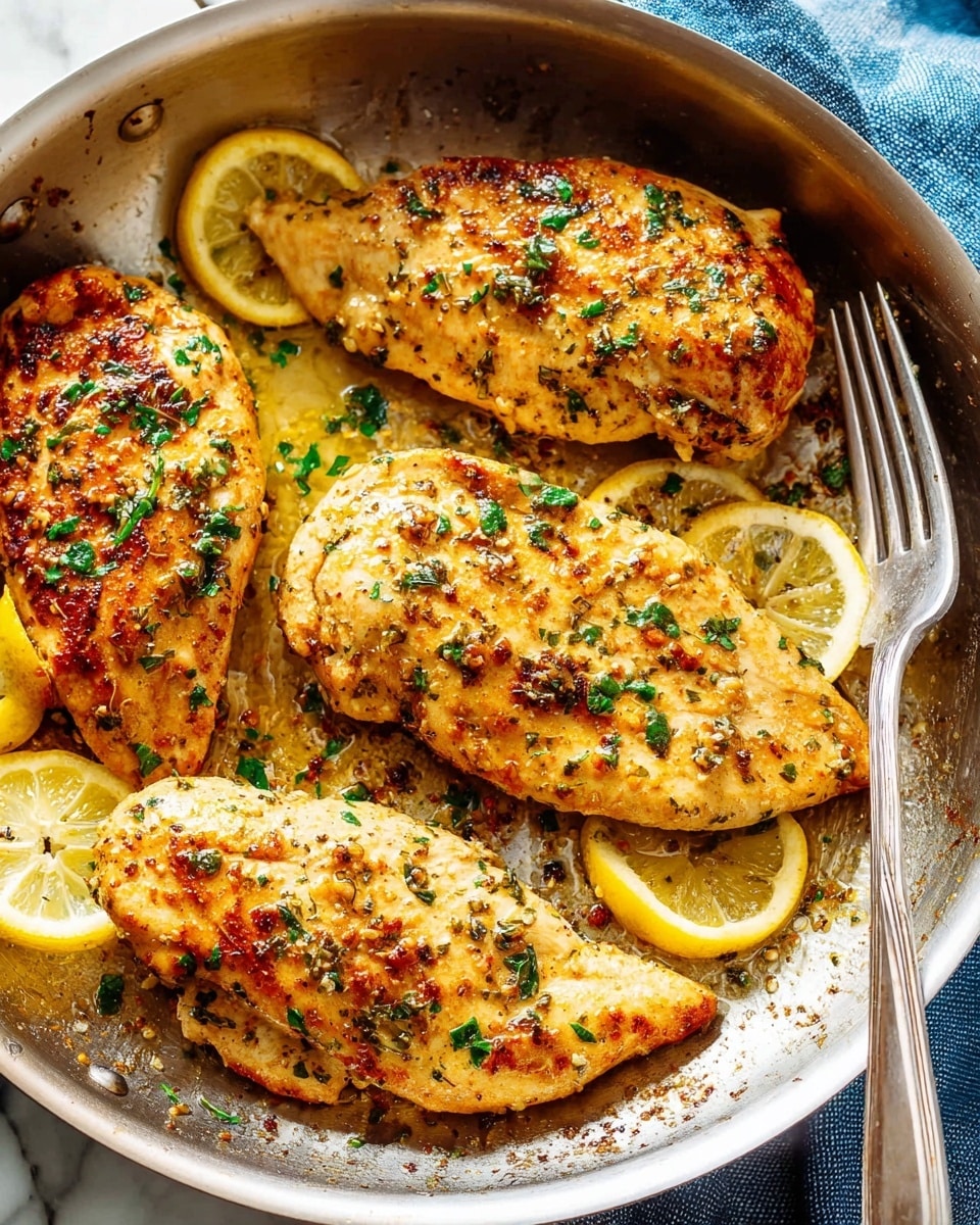 A close-up view of four golden-brown cooked chicken breasts in a silver pan, each piece showing a slightly crispy and juicy texture with specks of green herbs and small charred spots; beneath and around the chicken are thin yellow lemon slices adding fresh color contrast, and a fork with a shiny metal finish rests on the right side of the pan; the background has a white marbled texture with a hint of a blue fabric visible under the pan. Photo taken with an iphone --ar 4:5 --v 7