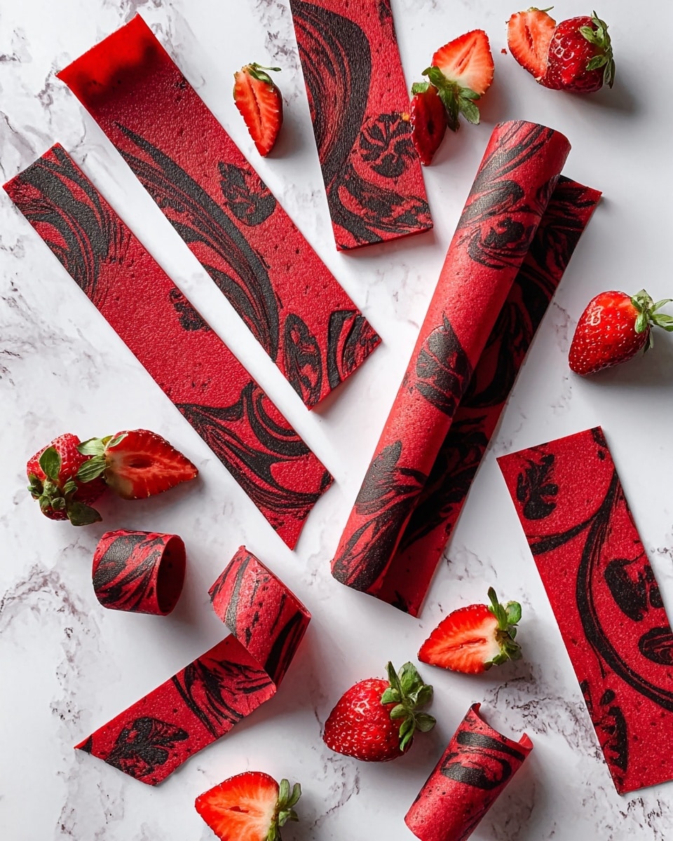 The image shows a close-up of a red fruit leather rolled into a spiral shape placed on a white marbled surface. Next to the fruit leather, there is a bright red strawberry cut in half with its green leaf still attached. The fruit leather has a smooth, slightly glossy texture, and the strawberry appears juicy with visible seeds and a fresh interior. Photo taken with an iphone --ar 4:5 --v 7