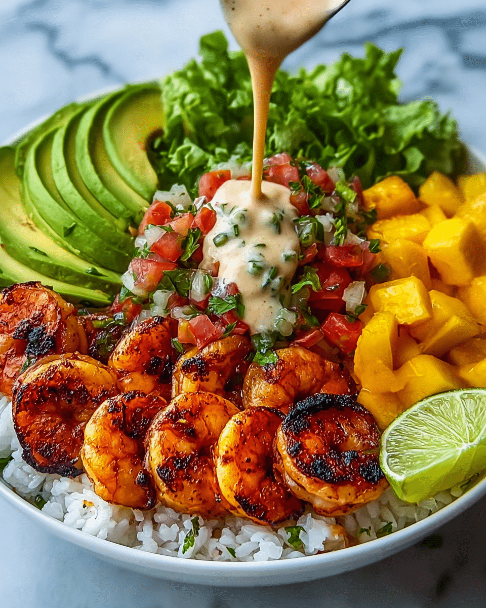 A white bowl on a white marbled texture holds a colorful layered dish. The bottom layer is light brown rice spread evenly. On top, grilled shrimp with dark grill marks are arranged on the left side, showing a deep orange and brown color. Next to the shrimp, bright green avocado slices are thinly cut and fanned out in a neat row. In the center, a mix of chunky guacamole with red tomato pieces is visible. Yellow mango cubes with green herb sprinkles fill the right side, alongside two light green lime wedges. A creamy sauce with a light orange color is being poured over the center pile by a woman's hand. Photo taken with an iphone --ar 4:5 --v 7