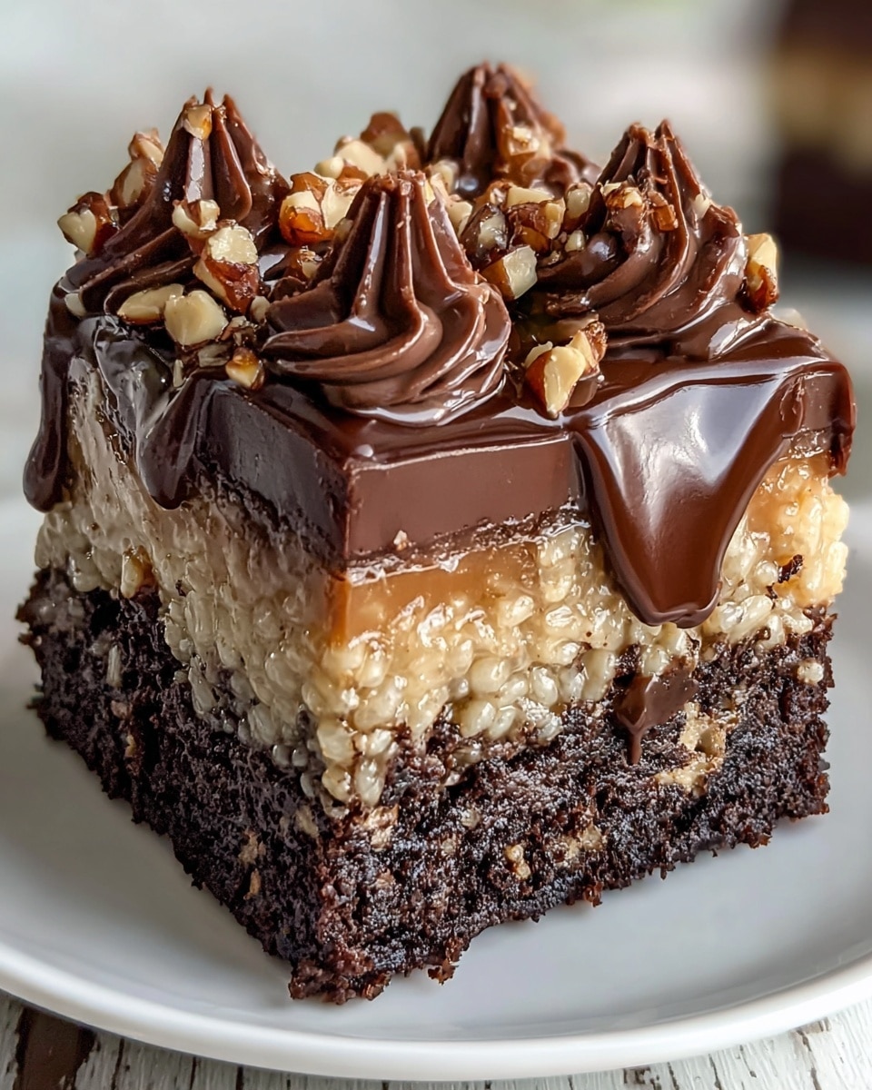 A three-layer dessert square with a moist dark brown base that looks like chocolate brownie, topped by a thick golden cookie dough layer with visible sugar grains and chunks inside, covered by a glossy, rich dark chocolate layer dripping slightly down the sides. The top is decorated with whole pecans and small chocolate and caramel pieces sprinkled all over. The piece is placed on a white plate with a simple edge design, set against a background of white marbled texture. Photo taken with an iphone --ar 4:5 --v 7