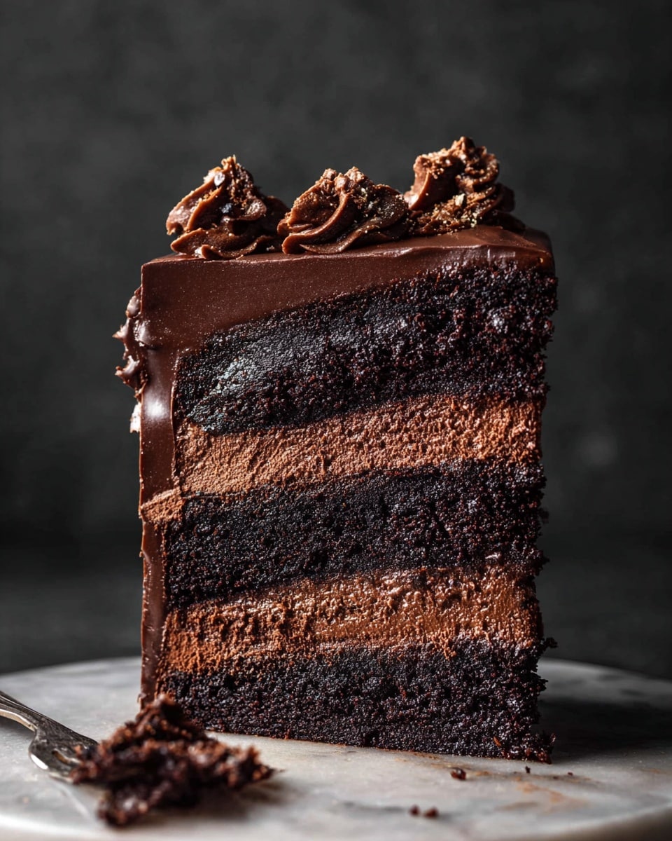 A tall slice of rich chocolate cake stands against a dark background on a white marbled surface, showing four thick black chocolate sponge layers separated by three thick layers of glossy, smooth dark chocolate frosting. The top of the cake is covered with a thick glossy layer of chocolate ganache and decorated with three dollops of swirled dark chocolate cream, sprinkled with a few light crumbs. A small piece of the cake sits blurred in the foreground on a fork. photo taken with an iphone --ar 4:5 --v 7