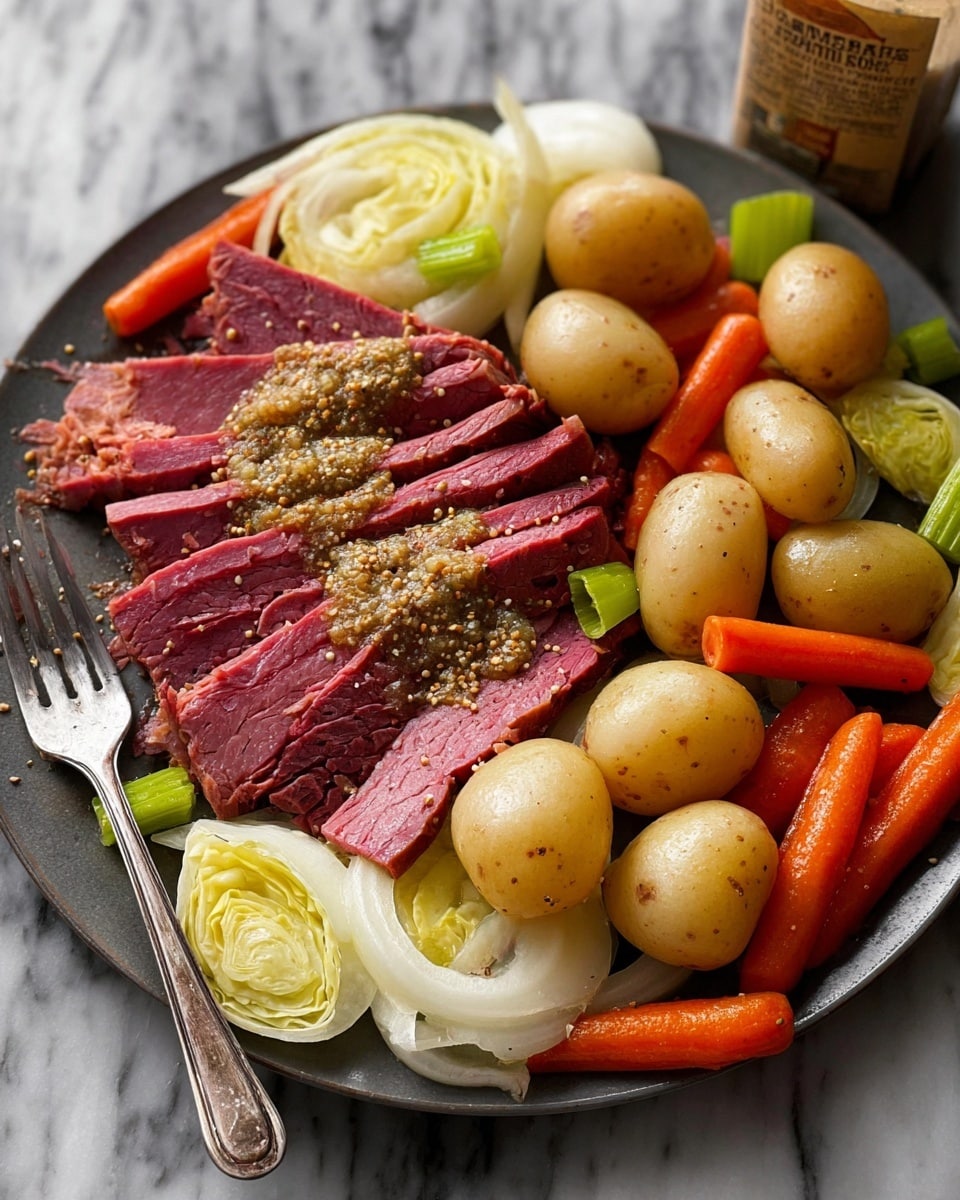 A white plate holds a layered meal with a large piece of reddish corned beef in the center, showing a fibrous texture and sprinkled with mustard seeds. Surrounding the meat are soft, yellowish boiled potatoes, bright orange baby carrots, and pale green celery pieces. There are also several thick slices of light green cabbage arranged in layers around the edges. A woman's hand holds a fork that rests on the plate near the right side, ready to pick up some food. The plate is placed on a white marbled surface, with a jar of mustard visible at the top left corner. Photo taken with an iphone --ar 4:5 --v 7