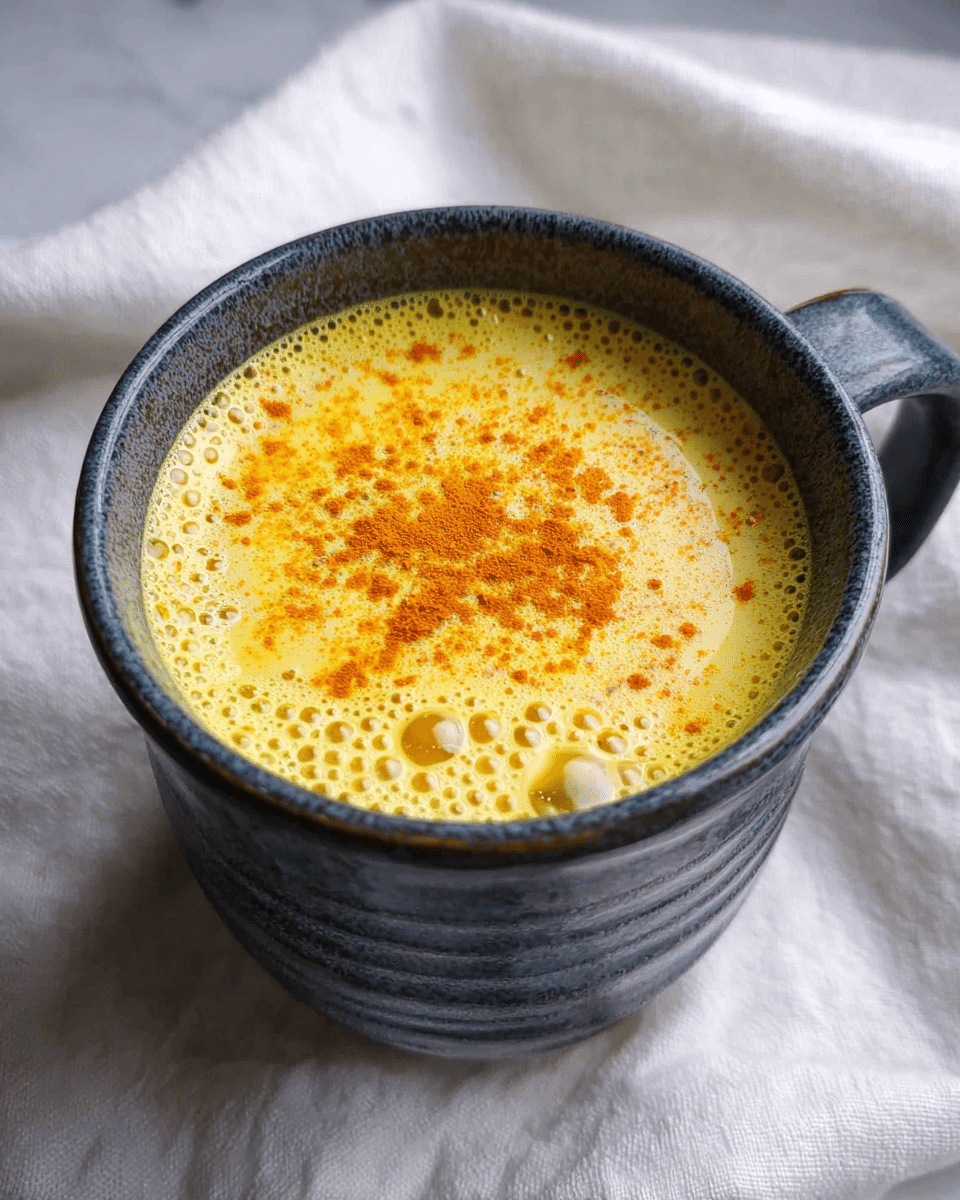 A white mug filled with a creamy golden-yellow turmeric latte, sprinkled evenly on top with fine orange-yellow turmeric powder, creating a speckled texture. The mug sits on a small wooden coaster placed on a white marbled surface, with a light beige cloth partially visible underneath. In the top right corner, a glass jar filled with bright turmeric powder adds a pop of vivid yellow color. A silver spoon rests on the white marbled surface near the mug. The photo is taken from above, emphasizing the smooth and frothy texture of the latte. photo taken with an iphone --ar 4:5 --v 7