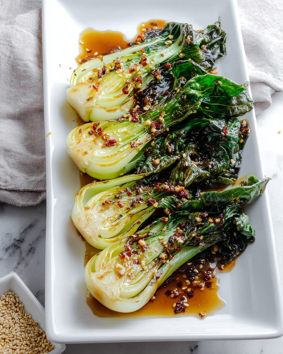 The image shows four pieces of cooked baby bok choy placed side by side on a white rectangular dish. Each piece has a base of dark green leafy stems that turn into lighter green and pale yellow upper stalks, glistening with a shiny sauce. The bok choy is topped with small brown and white sesame seeds and bits of sautéed garlic or chili flakes scattered evenly. The sauce pools slightly around the edges of the baby bok choy, adding a glossy rich brown color contrast on the white plate. The background is a white marbled texture with a soft grey cloth draped in the upper right corner. Photo taken with an iphone --ar 4:5 --v 7