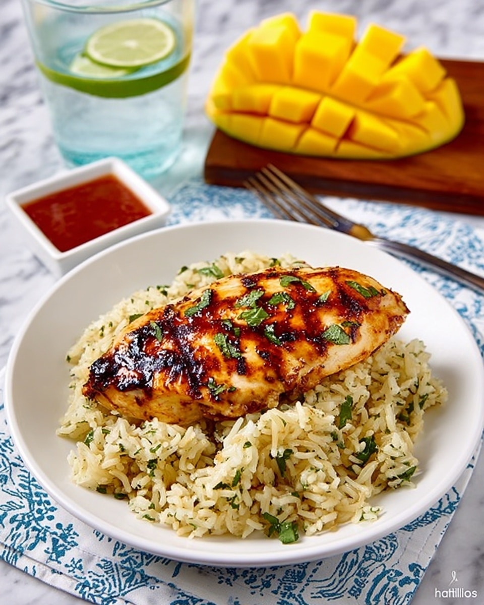 A white square plate with a large grilled chicken breast on top, its surface showing golden brown color with darker grill marks and small bits of chopped green herbs scattered over it. The chicken rests on a thick bed of light beige cauliflower rice mixed with green herbs, creating a textured, fluffy base beneath the smooth chicken piece. In the background, a white square dish holds bright red sauce, while hints of yellow mango and green leaves blur softly. The plate is placed on a white marbled surface. photo taken with an iphone --ar 4:5 --v 7