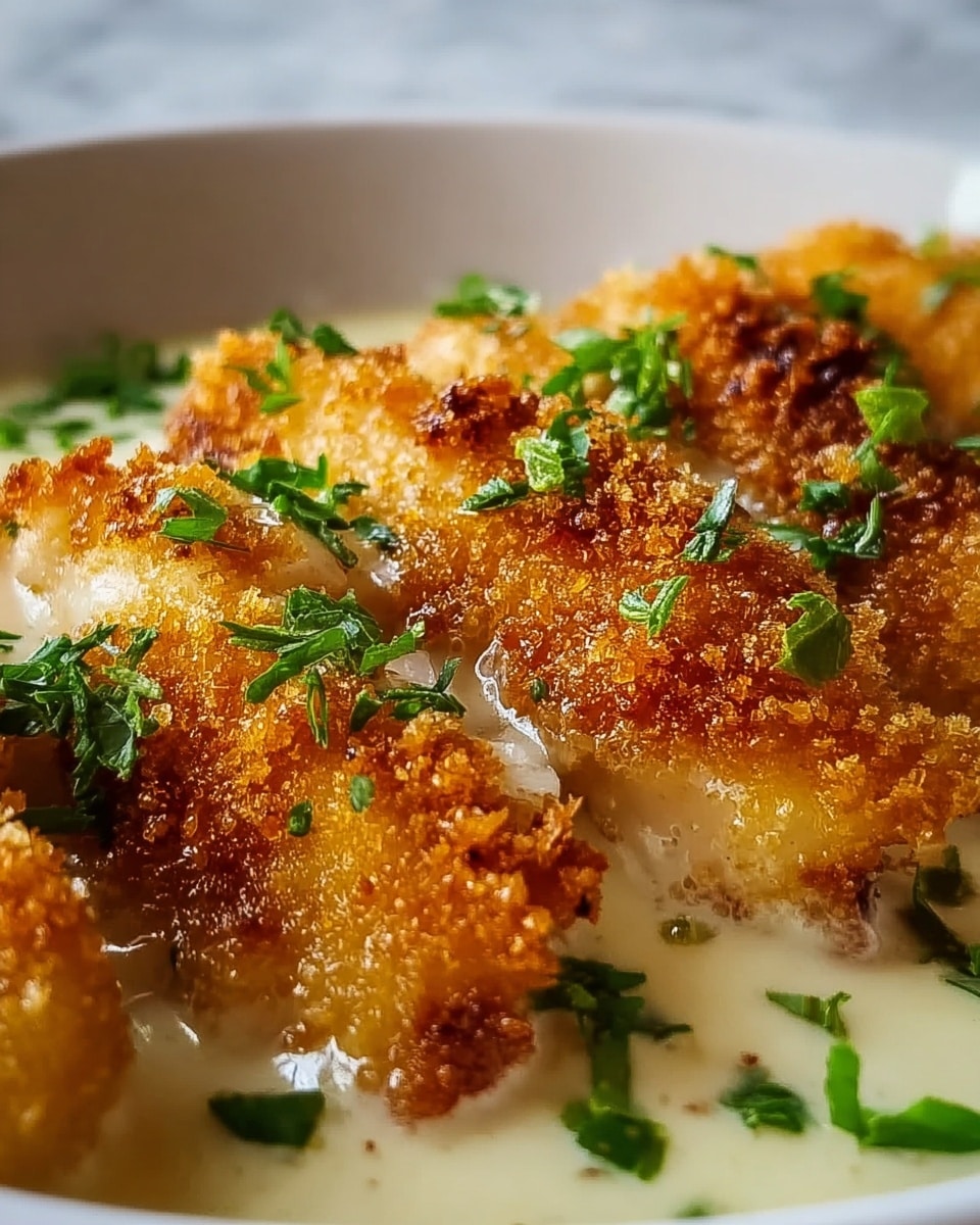 The image shows several pieces of golden-brown crispy fried fish layered neatly, with a creamy white sauce around them that looks smooth and slightly thick. Each piece of fish has a crunchy texture on top with small crumbs and is white and flaky underneath. Small, chopped green herbs are scattered on top and in the sauce, adding a fresh pop of color. The dish is presented on a white plate placed on a white marbled surface. photo taken with an iphone --ar 4:5 --v 7