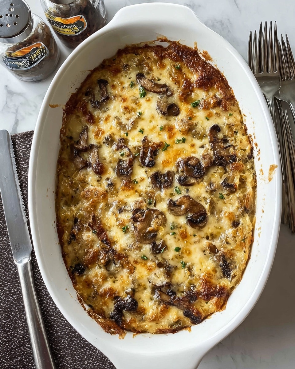 A close-up view of a baked dish showing one main thick layer. The surface is golden brown with darker caramelized spots and has melted creamy cheese spread unevenly, creating a bubbly texture. Scattered within the cheese are slices of cooked mushrooms in dark brown and light tan shades, small bits of green herbs, and patches of orange, likely cooked vegetables or sauce, adding color contrast. The background is a white marbled texture, with a white plate edge barely visible on the upper right side. The overall look is rich, cheesy, and hearty. photo taken with an iphone --ar 4:5 --v 7