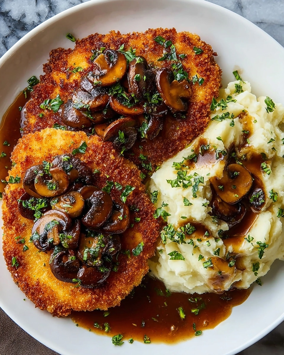 Two golden-brown breaded cutlets with a crispy texture are placed side by side on the left half of a white plate. Each cutlet is topped with dark brown mushroom slices in a glossy sauce, sprinkled with small green parsley pieces. On the right side, there is a mound of creamy white mashed potatoes with more mushroom sauce and parsley on top. Extra mushroom sauce with mushroom slices flows between the mashed potatoes and cutlets. The dish is set against a white marbled texture. photo taken with an iphone --ar 4:5 --v 7