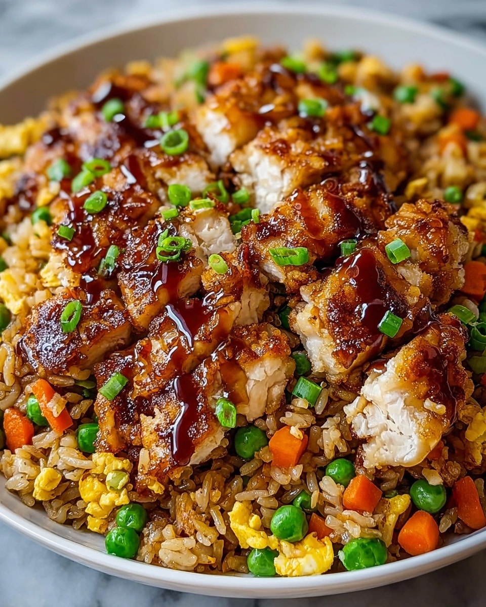 A close-up view of fried rice in a white bowl on a white marbled surface, showing several layers: the base layer is light brown fried rice, mixed with small pieces of bright orange carrots, green peas, and bits of yellow scrambled eggs. On top, there are golden-brown seared chicken pieces with a shiny dark brown sauce drizzled over them, adding gloss and texture. Small chopped green onions are scattered throughout, adding a fresh green touch. The image focuses sharply on the food’s texture and color, making it look warm and tasty. photo taken with an iphone --ar 4:5 --v 7