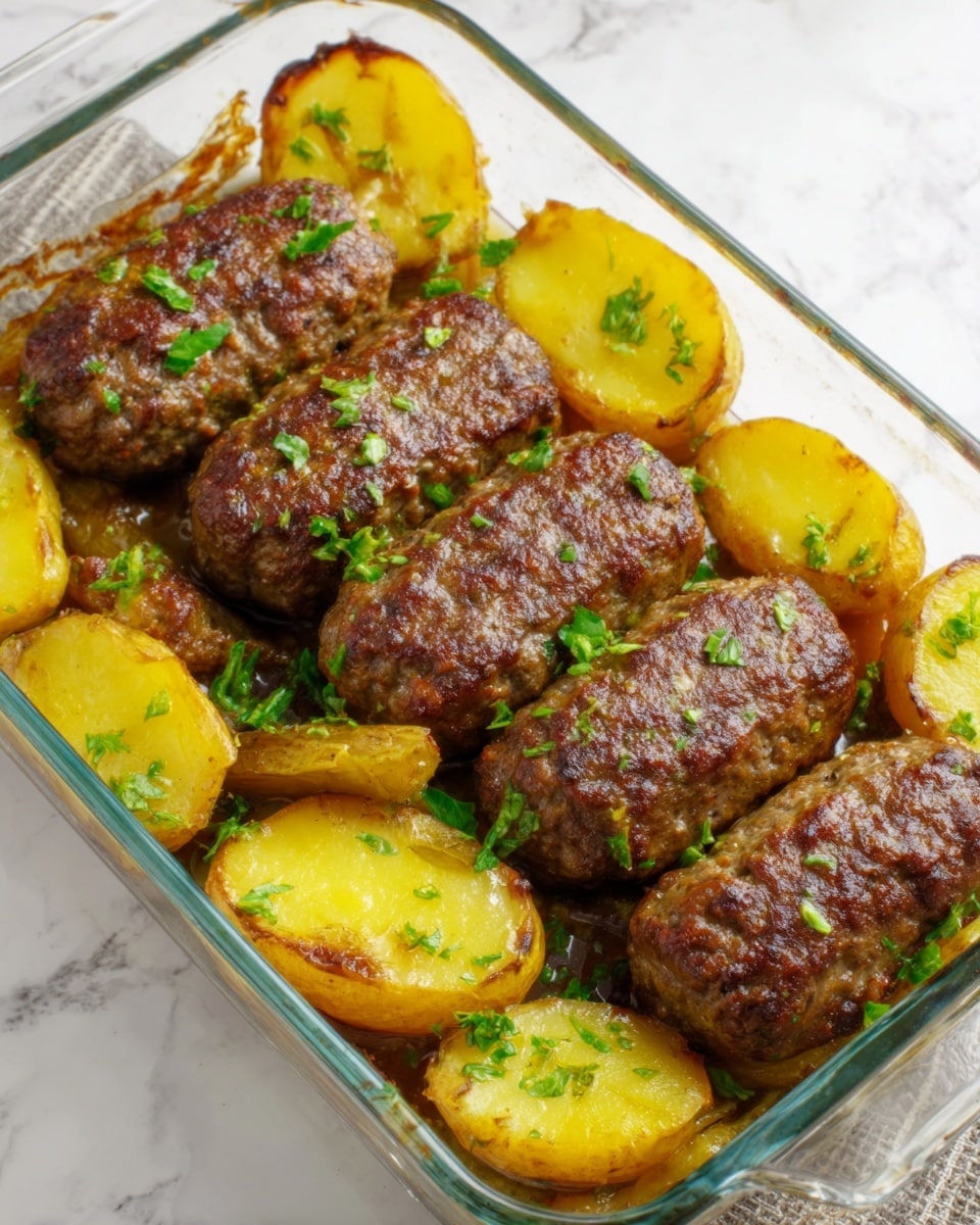 The image shows a glass baking dish filled with cooked meat patties and golden roasted potato halves. There are two rows of thick, browned meat patties with a slightly rough texture on top. Around the patties, the potato halves have a crispy, yellow-brown outer layer with a soft inside. Small green parsley pieces are scattered over the meat and potatoes, adding a fresh touch. The dish is placed on a white marbled surface. Photo taken with an iphone --ar 4:5 --v 7