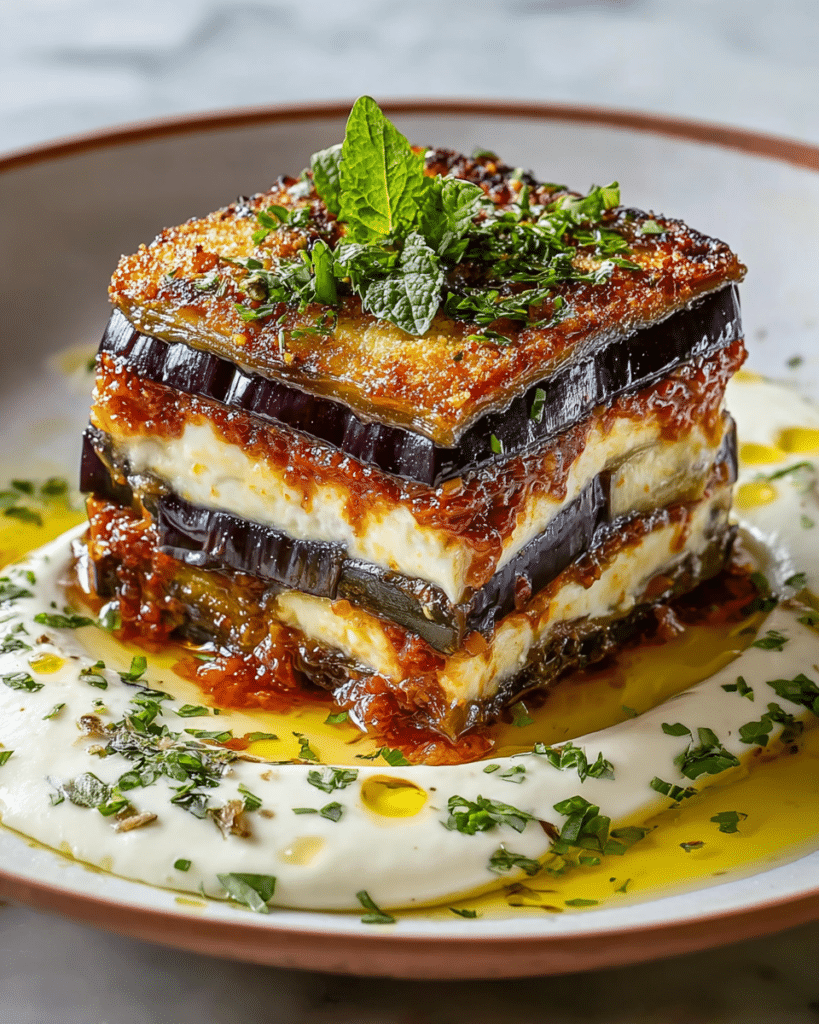 Burrata Eggplant Parmigiana with Caramelized Onions & Parmesan Cream Recipe