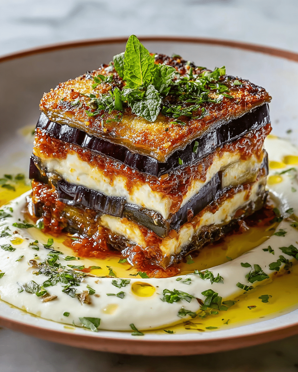 A square-shaped layered dish sits in the center of a white plate, featuring three main layers: the bottom is a thick, dark red tomato base, followed by a creamy white cheese layer mixed with slices of browned eggplant in the middle, and topped with a golden-brown baked layer with a slightly crispy, charred edge. The top is sprinkled with grated cheese and garnished with fresh green basil leaves. The dish rests on a smooth, off-white sauce spread across the plate, with small green herb drops and a light drizzle of golden oil around it, all set on a white marbled texture background. photo taken with an iphone --ar 4:5 --v 7