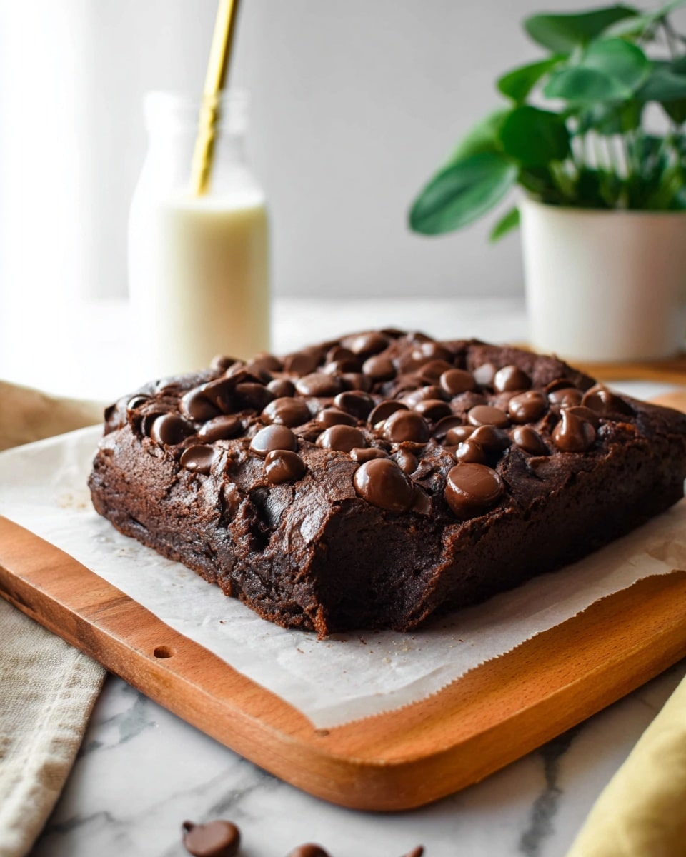 The image shows a thick, rich chocolate brownie with two visible layers. The bottom layer is a dense, dark brown base with a slightly cracked and soft texture. The top layer is a glossy, melted chocolate sauce that drips down the sides and pools on top, adding a shiny and smooth contrast. One piece is cut and placed on top of the whole brownie, showing an inner crumb that looks moist and extra fudgy with melted chocolate spots inside. The brownie is on white parchment paper over a wooden cutting board with a white marbled background and green leaves blurred in the back. photo taken with an iphone --ar 4:5 --v 7