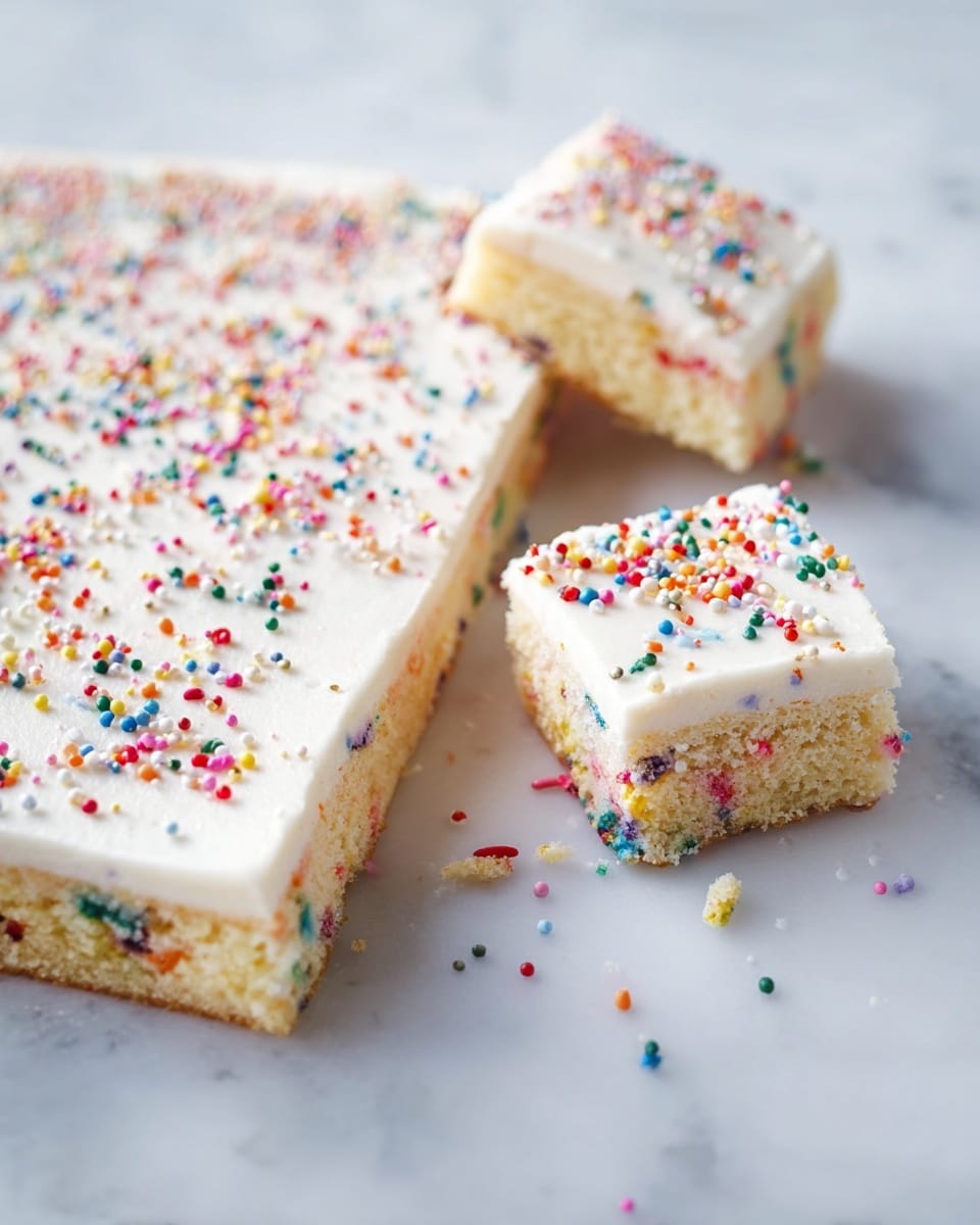 Four small rectangular cake bars lean against each other in a row on a white marbled surface. Each bar has two layers: the bottom layer is a light beige cake mixed with colorful blue, pink, yellow, orange, and green sprinkles inside, and the top layer is a smooth, thick white frosting, scattered lightly with small, bright pink and red sprinkles. Behind the bars, a larger rectangular cake piece with the same layers and sprinkles lies flat, slightly out of focus. The image is soft and bright with a gentle blur in the background, showing the details of the bars clearly in the front. photo taken with an iphone --ar 4:5 --v 7