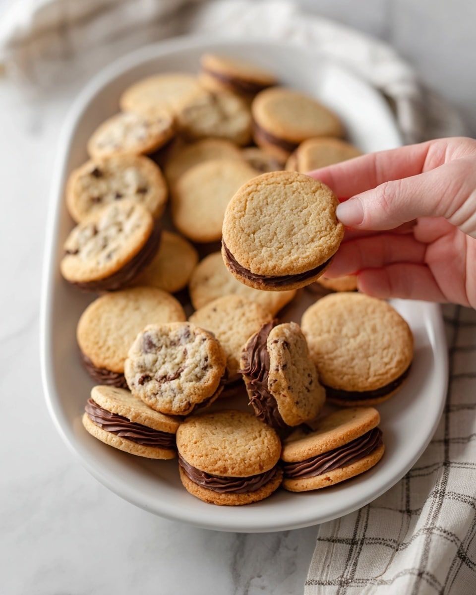 A white oval plate filled with round chocolate chip cookies and sandwich cookies with a smooth, dark brown chocolate filling between two light golden cookies. The cookies have a cracked, soft texture and some are stacked while others lay flat. In the center, a woman's hand is holding one plain cookie closer to the camera, showing its light golden color and chocolate chip details. The plate sits on a white marbled surface with a soft, checkered cloth blurred in the background. photo taken with an iphone --ar 4:5 --v 7
