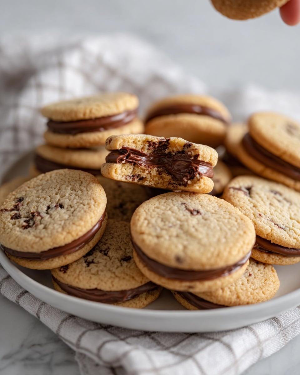 The image shows a white plate filled with a pile of cookie sandwiches. Each sandwich has two light brown, slightly crumbly chocolate chip cookies with visible chocolate bits, layered with a smooth, thick, dark brown chocolate filling in the middle. Some of the cookie sandwiches are stacked, while others are placed singly, showing the shiny chocolate filling clearly. One cookie sandwich is held above the plate by a woman's hand, showing a bite taken out to reveal the soft cookie texture and thick filling inside. The plate is set on a white marbled surface, with a soft white and gray checkered cloth in the background. photo taken with an iphone --ar 4:5 --v 7