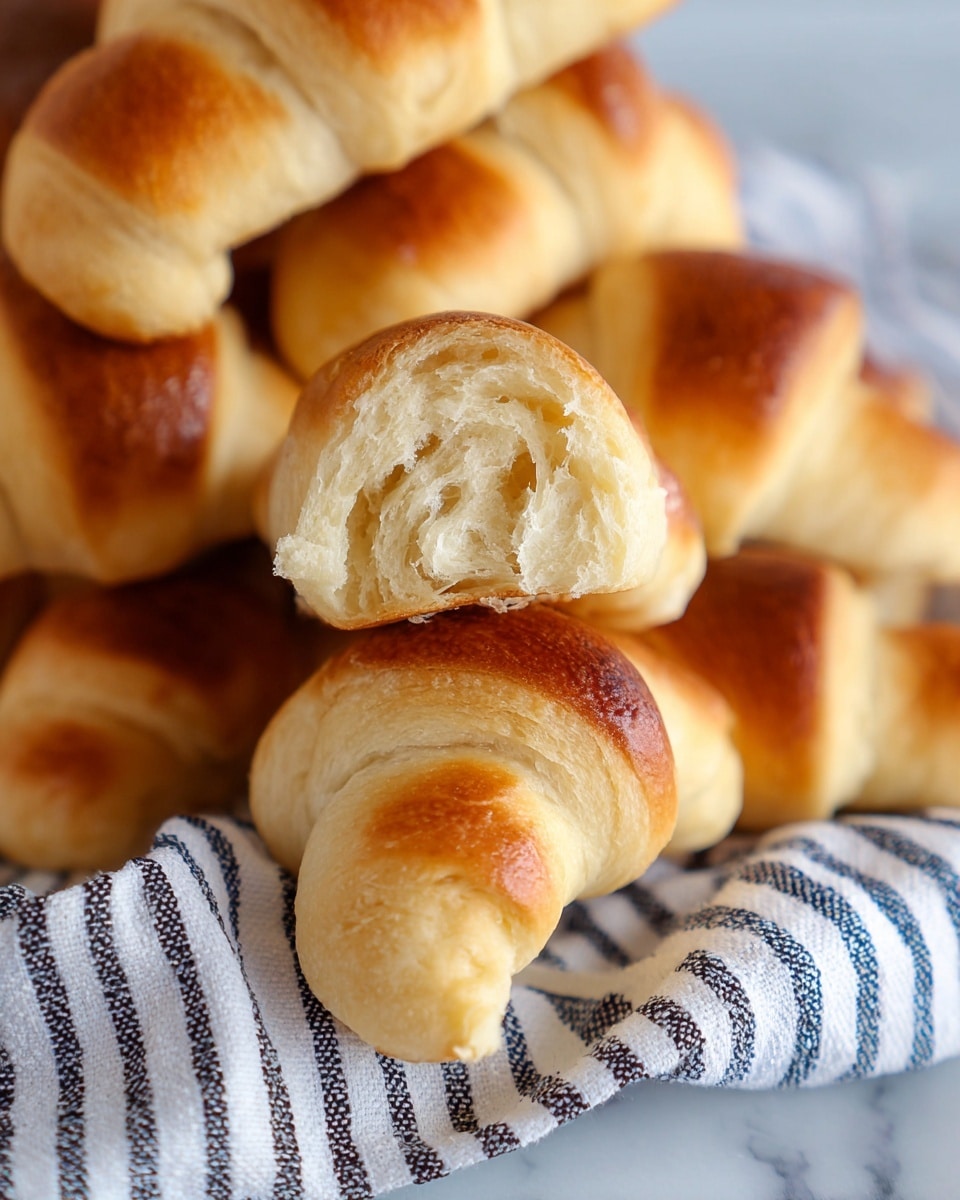 The image shows a close-up view of multiple golden-brown crescent rolls stacked together. One crescent roll is held showing the soft, fluffy, and equally light textured inside layer with slight air pockets. The outer layer is smooth and browned, with a shiny appearance on the curved ends. The crescent rolls rest on a white cloth with black stripes, placed on a white marbled surface. Photo taken with an iphone --ar 4:5 --v 7