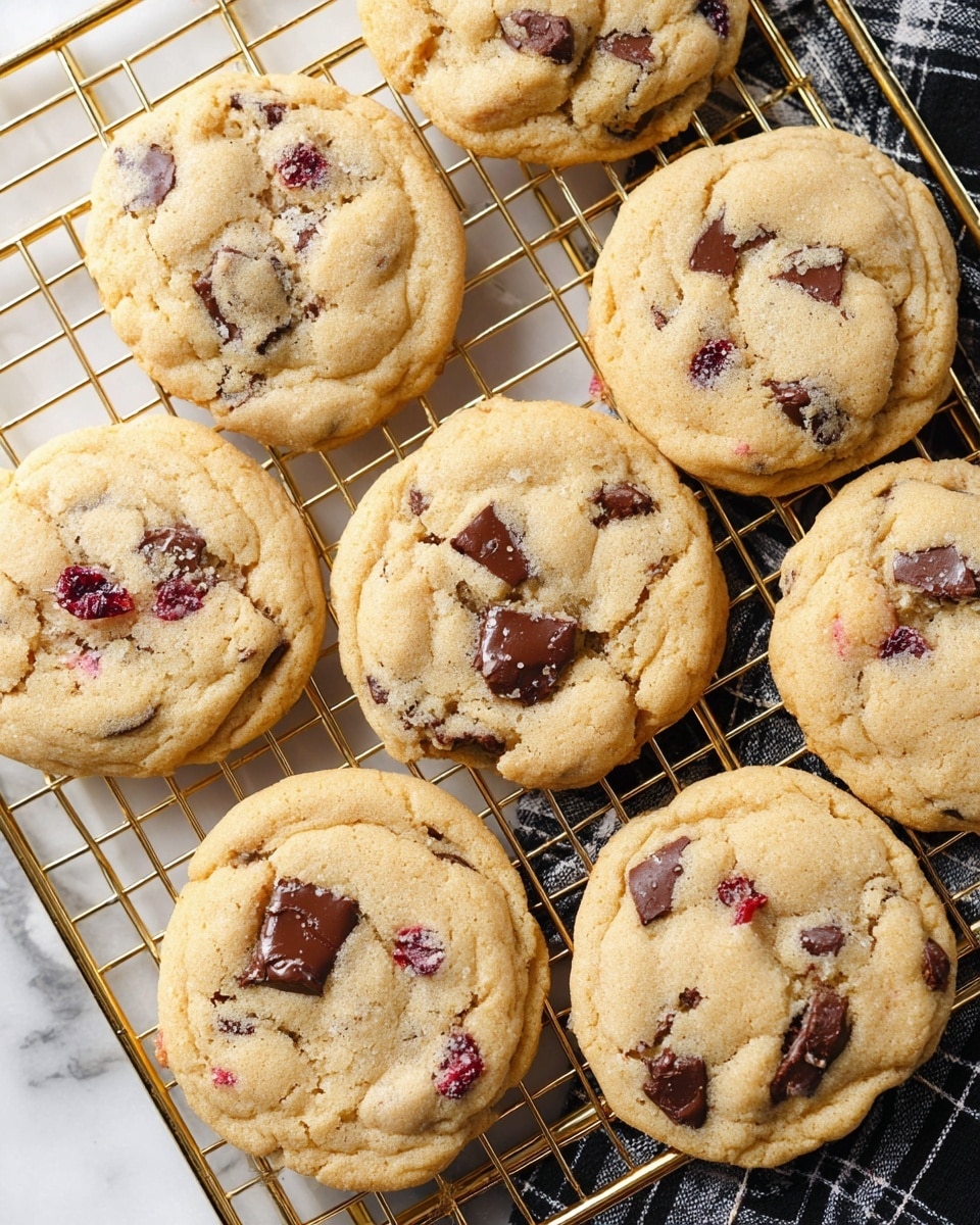 The image shows seven round cookies, each with a light golden brown color and a soft, slightly cracked texture. The cookies have visible chunks of dark chocolate and pieces of red dried fruit scattered across their surfaces. They are placed closely together on a gold-colored wire cooling rack, which rests on a white marbled textured surface. The cookies look fresh and slightly chewy with a handmade appearance. photo taken with an iphone --ar 4:5 --v 7