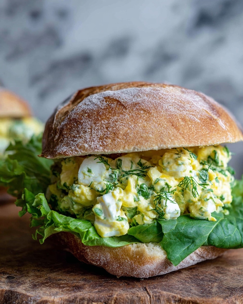 The image shows a sandwich with three main layers: the top layer is a golden brown, lightly crusty ciabatta roll with a dusting of flour; the middle layer is a creamy egg salad with visible chunks of white and yellow eggs mixed with green herbs, giving it a textured, chunky look; the bottom layer is a fresh dark green lettuce leaf, slightly ruffled and peeking out from under the egg salad, all resting on a rustic wooden surface with a white marbled texture softly blurred in the background. photo taken with an iphone --ar 4:5 --v 7