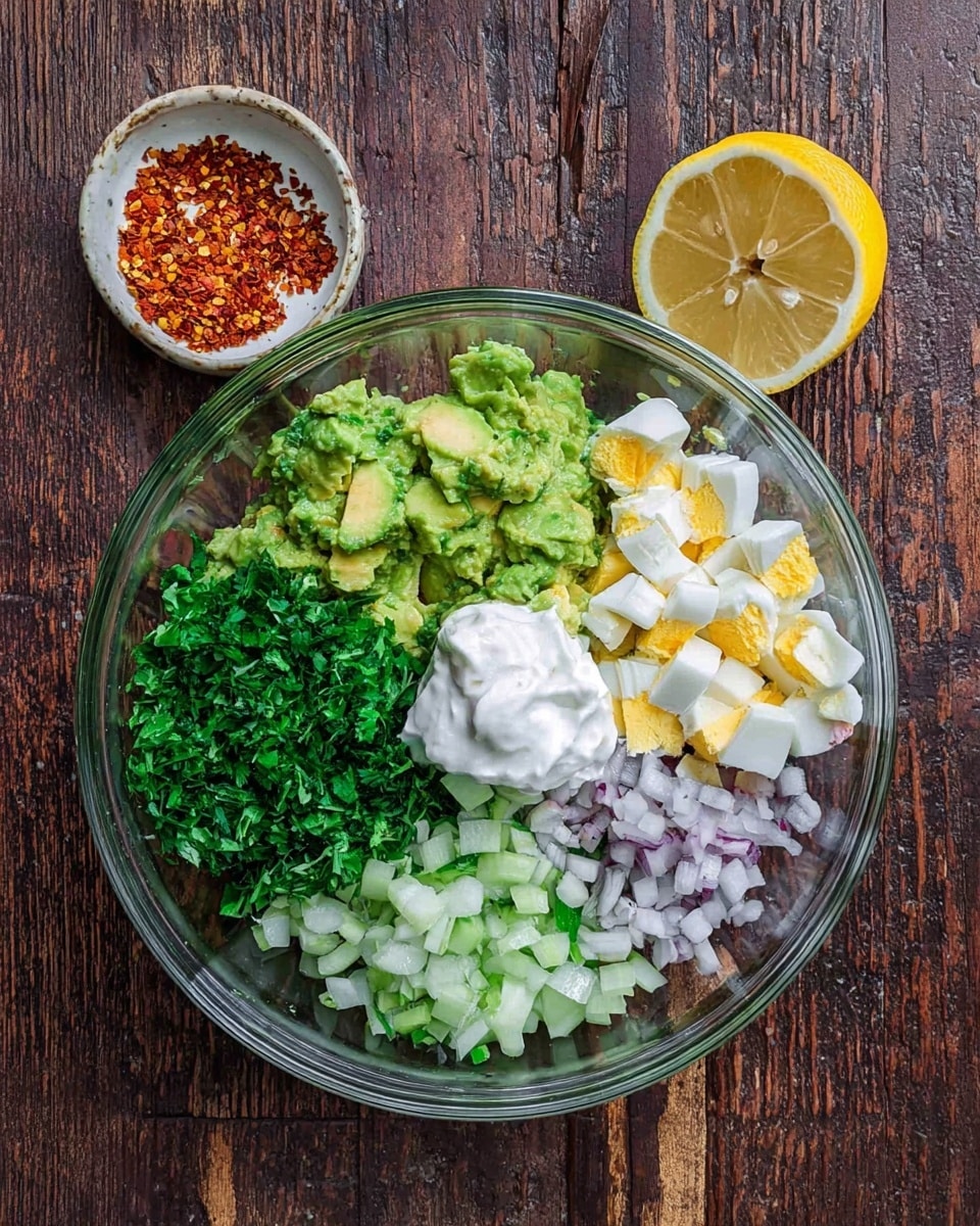 A clear glass bowl with six layers of ingredients arranged separately inside: bright green mashed avocado on the bottom left, chopped fresh green herbs next to it on top, diced light green celery on the bottom, finely chopped light purple onion on the top right, chopped hard-boiled egg pieces with white and yellow parts on the right center, and a dollop of white creamy yogurt or sour cream placed in the middle. To the right side of the bowl, there is a cut lemon showing its inner sections, and above it a small white bowl filled with reddish chili flakes, all placed on a dark wooden surface but wearing a white marbled texture. photo taken with an iphone --ar 4:5 --v 7