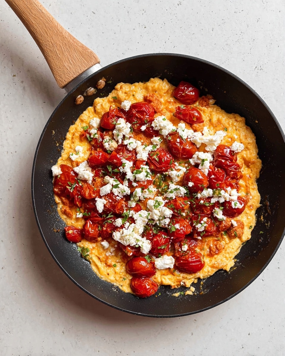 A white bowl sits on a white marbled surface with a striped cloth underneath, filled with a cooked dish made of scrambled eggs mixed with roasted red cherry tomatoes scattered throughout, topped with small chunks of white cheese and sprinkled green herbs. Two slices of light brown crusty bread rest on the side inside the bowl. In the background, a white plate holds additional slices of the same bread. The overall scene is bright and clean. photo taken with an iphone --ar 4:5 --v 7