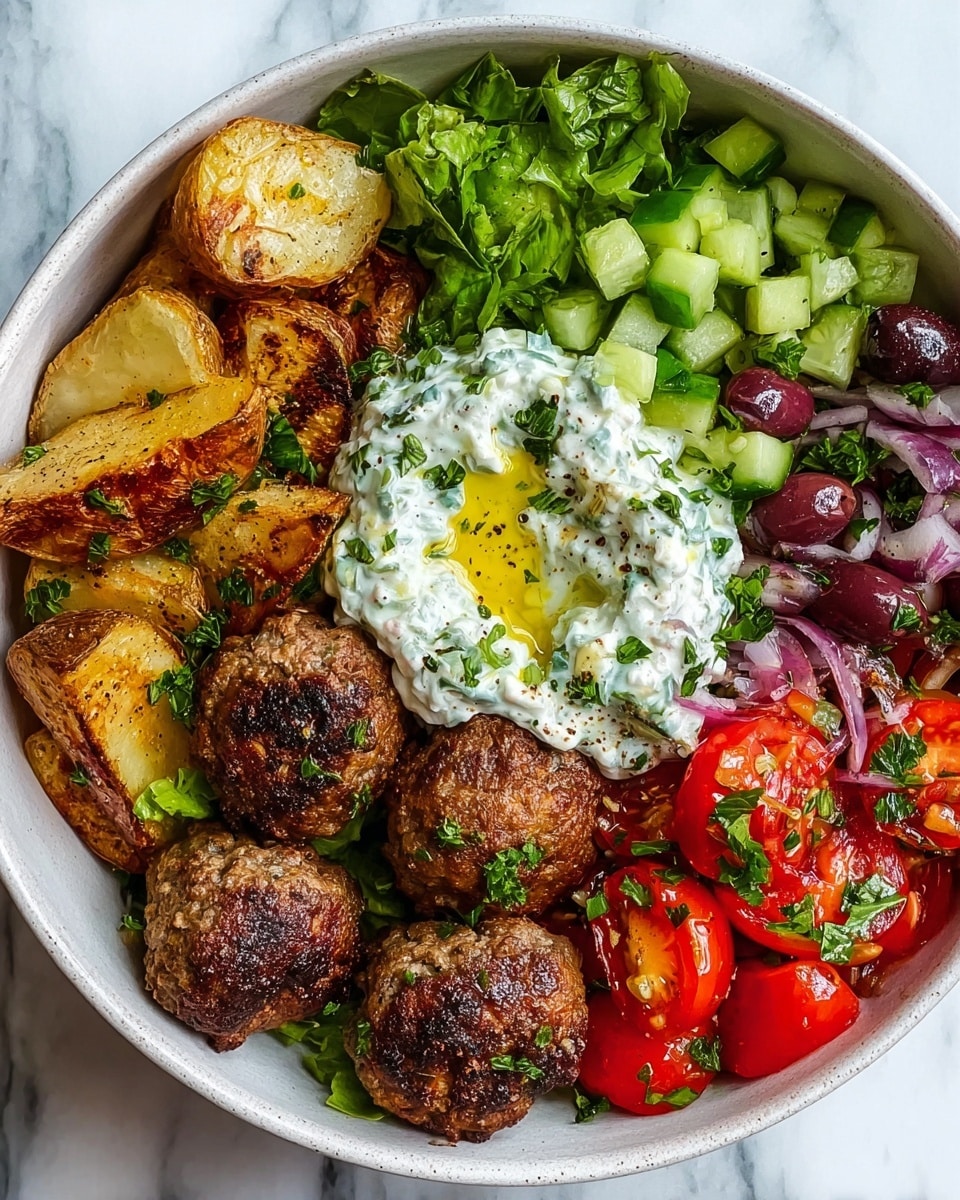 The dish is served in a deep white bowl on a white marbled surface. At the bottom, there is a bed of chopped green leafy lettuce mixed with small pieces of diced red tomato. On top of the greens, there are four round, browned meatballs with a crispy texture. To the left and towards the back of the bowl, there are golden brown roasted potato wedges with crispy edges. At the center of the bowl, there is a dollop of white, creamy sauce with visible small green herb pieces, drizzled lightly with olive oil. Around the sauce, there are pieces of chopped cucumber and small diced red onion scattered, adding a mix of fresh green and purple colors. photo taken with an iphone --ar 4:5 --v 7