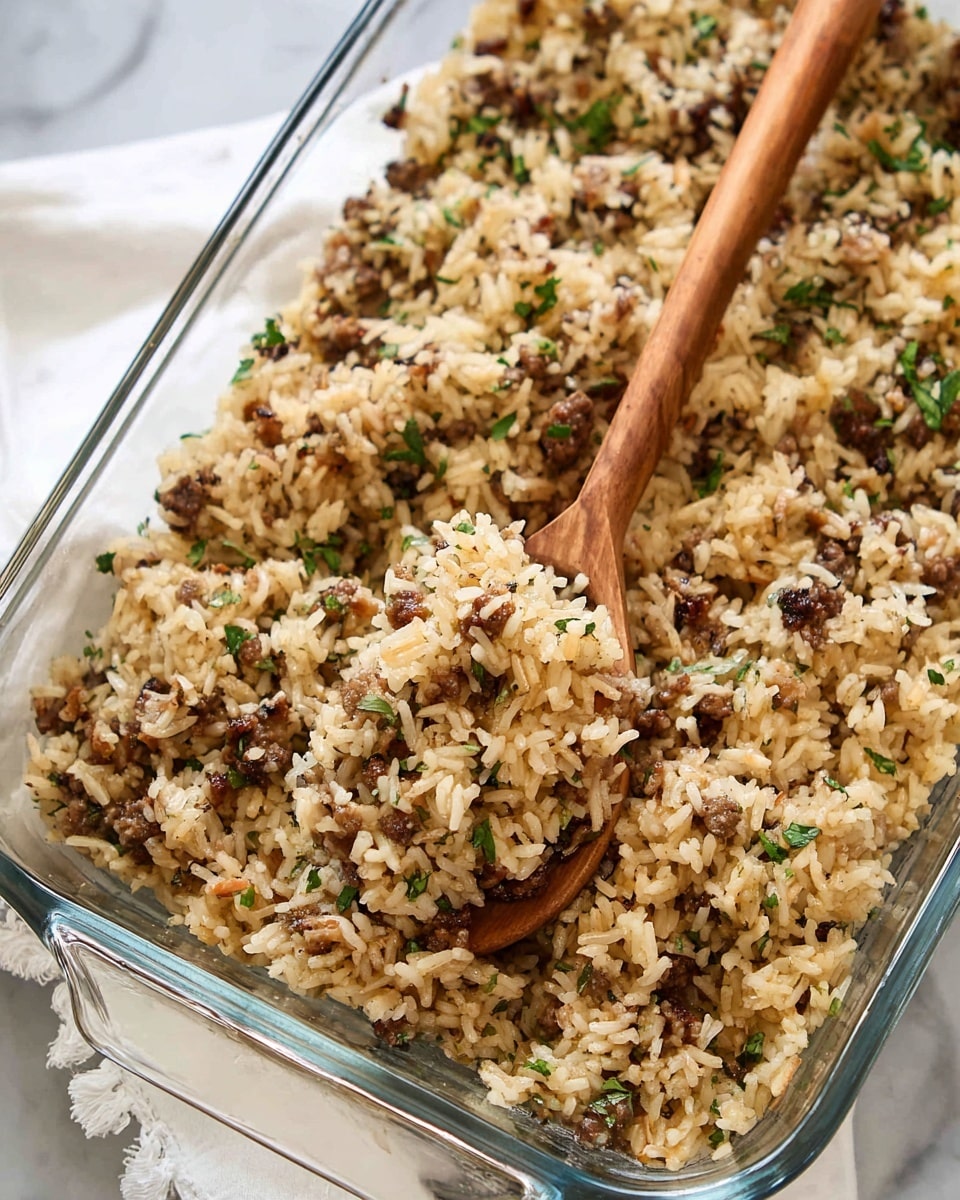 The image shows a close-up view of a glass rectangular baking dish filled with cooked rice mixed with small pieces of browned meat and chopped green herbs. A wooden spoon lifting a scoop of this rice mixture reveals the grains, meat bits, and specks of green herbs all combined evenly, with some caramelized bits visible around the edges of the dish. The dish rests on a white marbled surface with part of a fabric with a blue and white geometric pattern beneath it. photo taken with an iphone --ar 4:5 --v 7