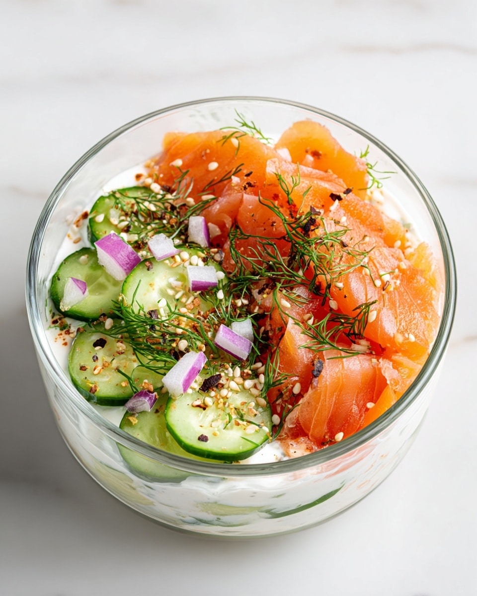 A clear glass bowl contains a layered dish starting with a base of white creamy cottage cheese, topped with thinly sliced bright orange smoked salmon arranged on one side, and fresh green cucumber slices on the other. Small pieces of purple onion are scattered evenly over the top, along with sprigs of fresh green dill. The dish is finished with a sprinkle of mixed white and black sesame seeds and bits of crushed garlic or seasoning flakes. The bowl sits on a white marbled surface. photo taken with an iphone --ar 4:5 --v 7