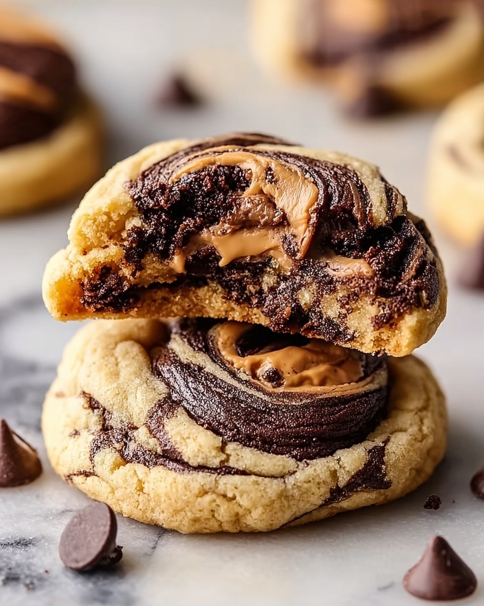A close-up of two thick cookies stacked on a white marbled surface, the bottom cookie whole and the top cookie broken in half to show its layers. The cookie has three layers: the outermost is a light golden brown, crumbly layer, the middle layer is a dark, rich chocolate cookie layer, and the center has a soft peanut butter filling with swirls of both creamy peanut butter and dark chocolate on top, creating a marbled effect. The cookies look soft and chewy with slight cracks on the surface. Other similar cookies are blurred in the background. photo taken with an iphone --ar 4:5 --v 7