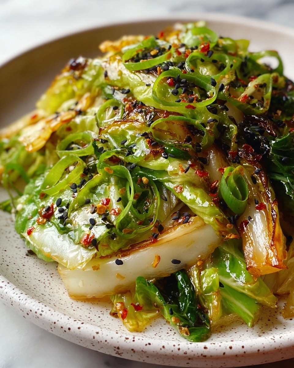 A close-up view of a dish with three layers, served on a white plate with a speckled pattern. The bottom layer consists of slightly wilted light green and white cabbage pieces with some browned, crispy edges. The middle layer has bright green, thinly sliced scallions scattered over the cabbage. The top layer is sprinkled with black sesame seeds and small red chili flakes, giving a glossy, slightly oily look to the vegetables. The dish has a shiny texture, showing it is coated with a flavorful sauce. The background is a white marbled texture. photo taken with an iphone --ar 4:5 --v 7